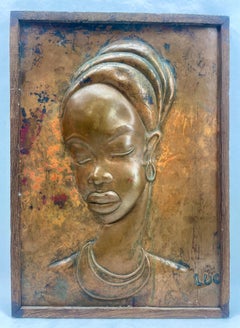 Art Nouveau Women's bust Copper Wall Plaque Wood  Framed Signed Luc