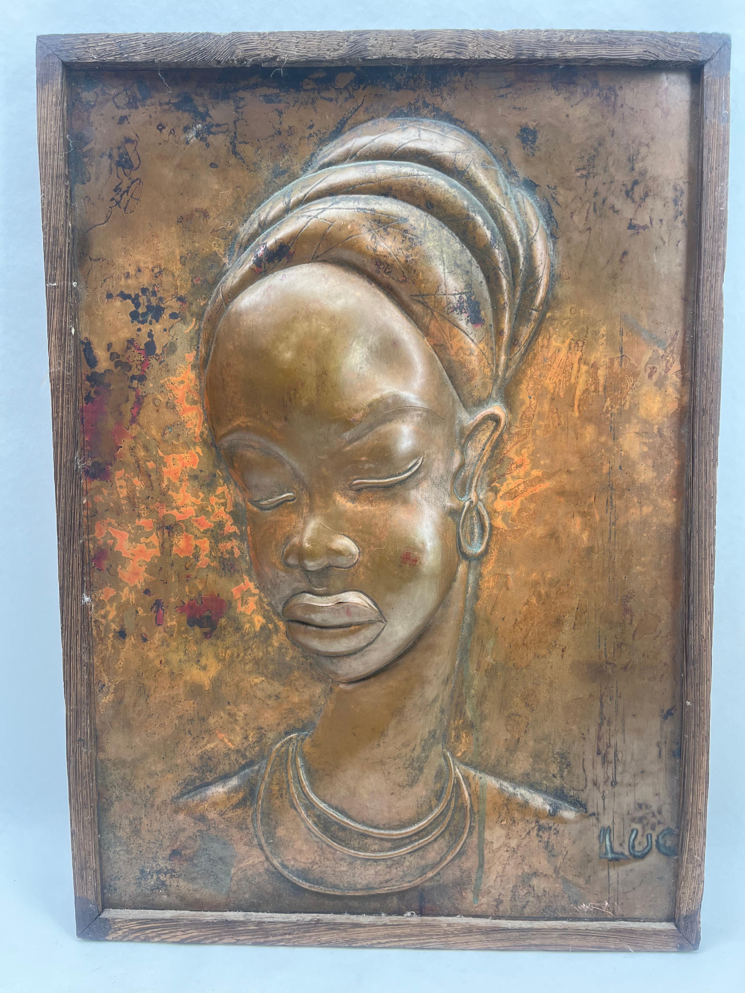 Mid-20th Century Art Nouveau Women's bust Copper Wall Plaque Wood  Framed Signed Luc For Sale