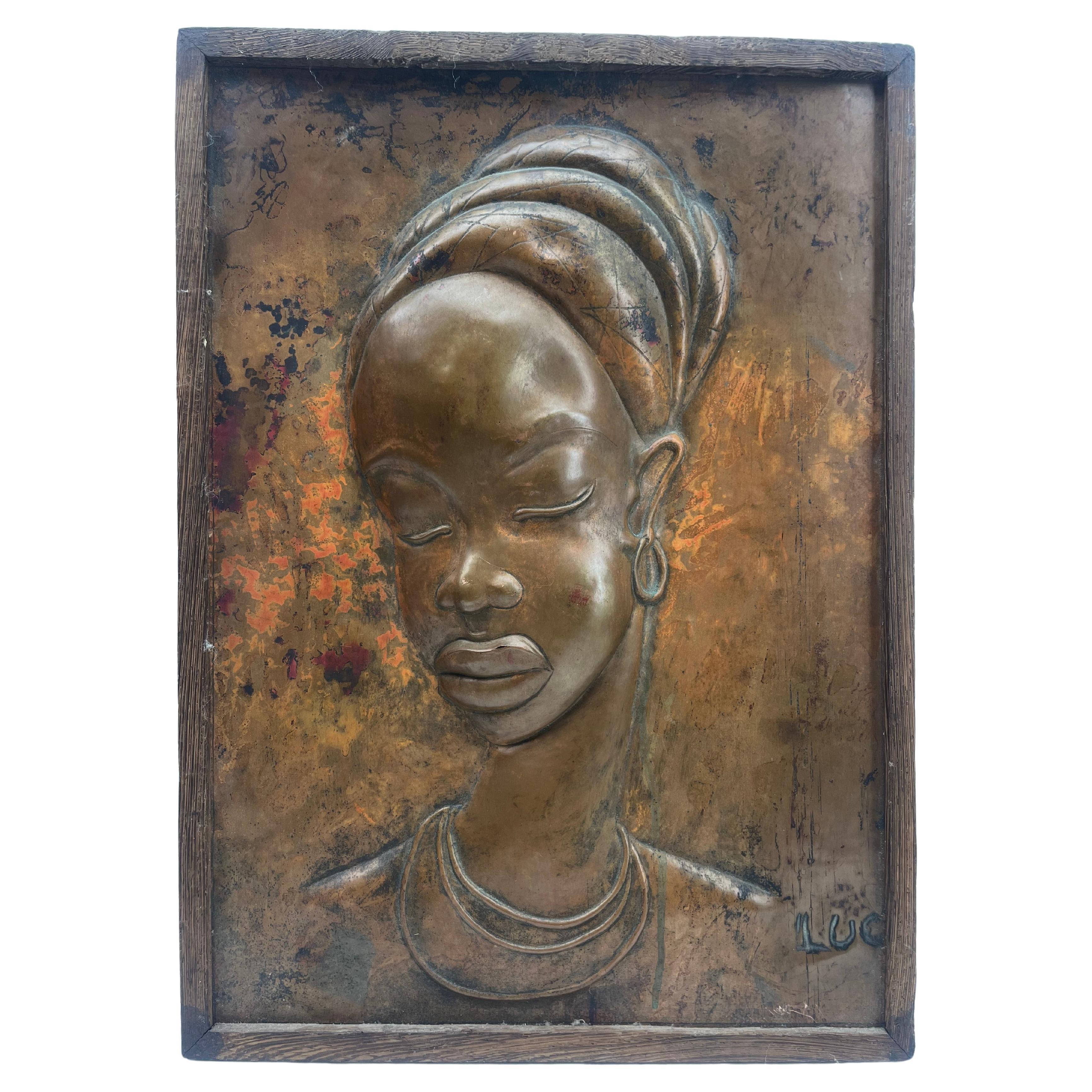 Art Nouveau Women's bust Copper Wall Plaque Wood  Framed Signed Luc For Sale