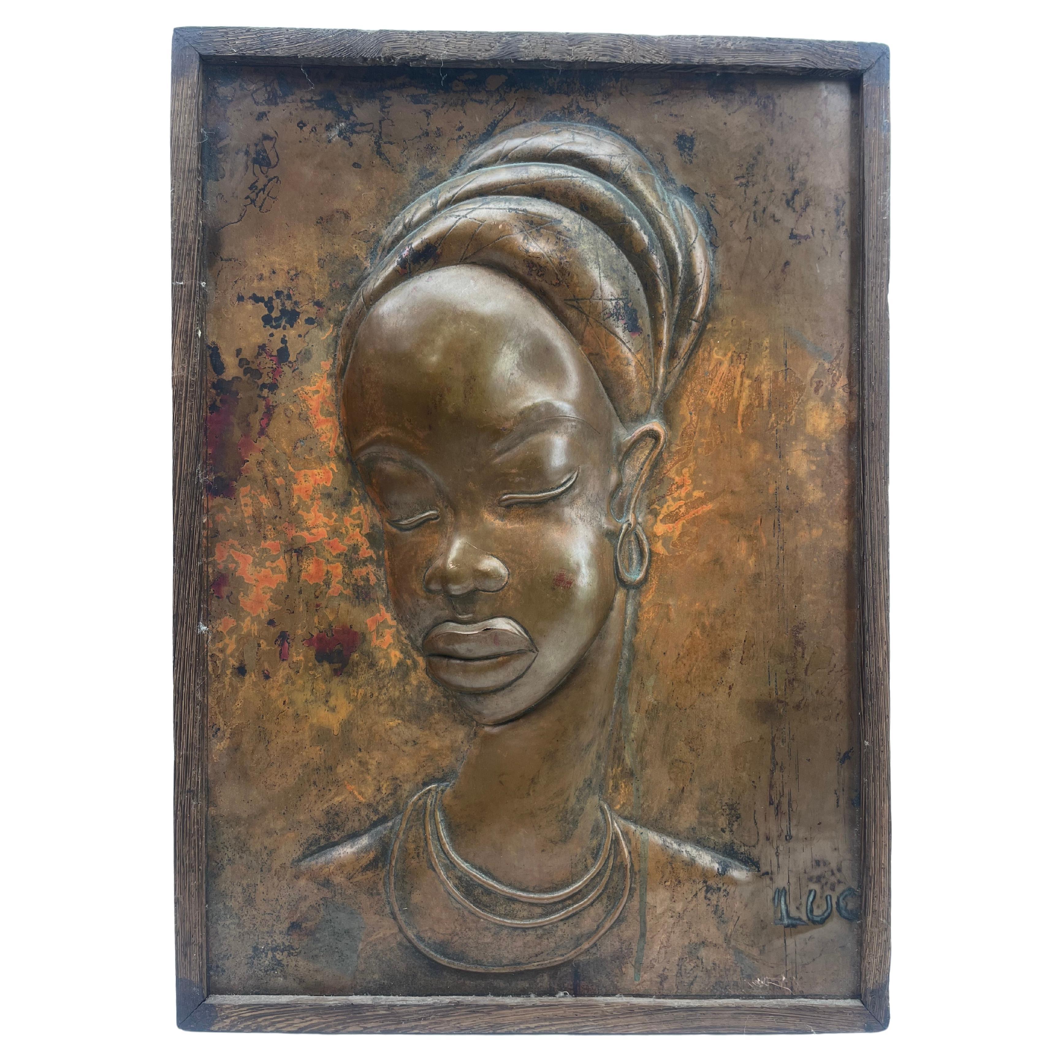 Art Nouveau Busto de mujer Placa mural de cobre Madera  Luc Firmado Enmarcado