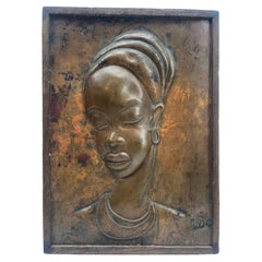 Art Nouveau Women's bust Copper Wall Plaque Wood  Framed Signed Luc