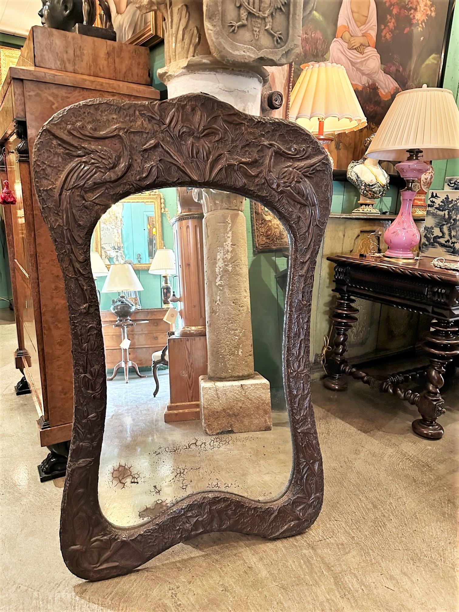 Art Nouveau Wood & Metal Mantle Wall Mirror Glass Embossed Repousse Antique CA For Sale 8