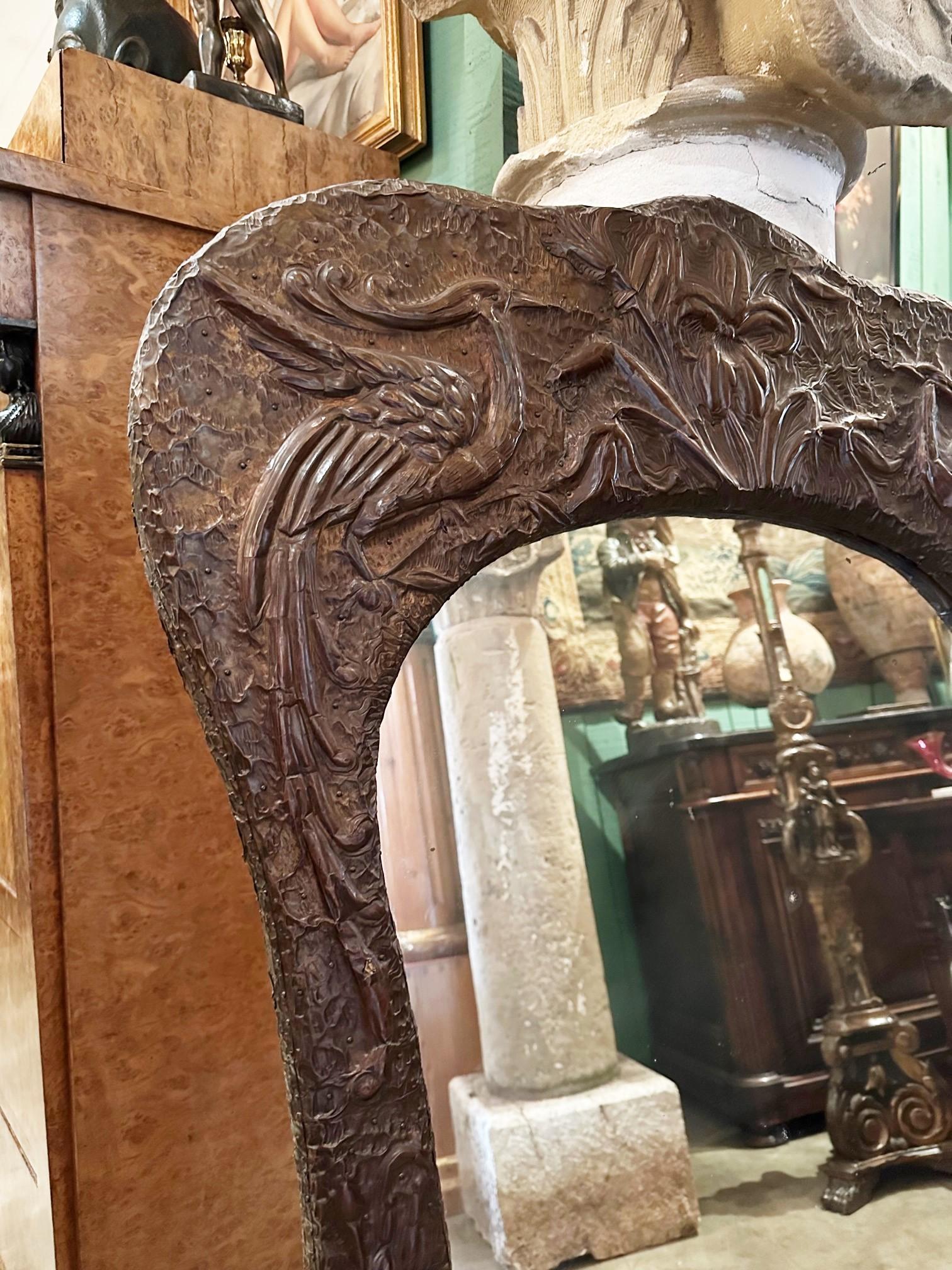 Art Nouveau Wood & Metal Mantle Wall Mirror Glass Embossed Repousse Antique CA For Sale 12