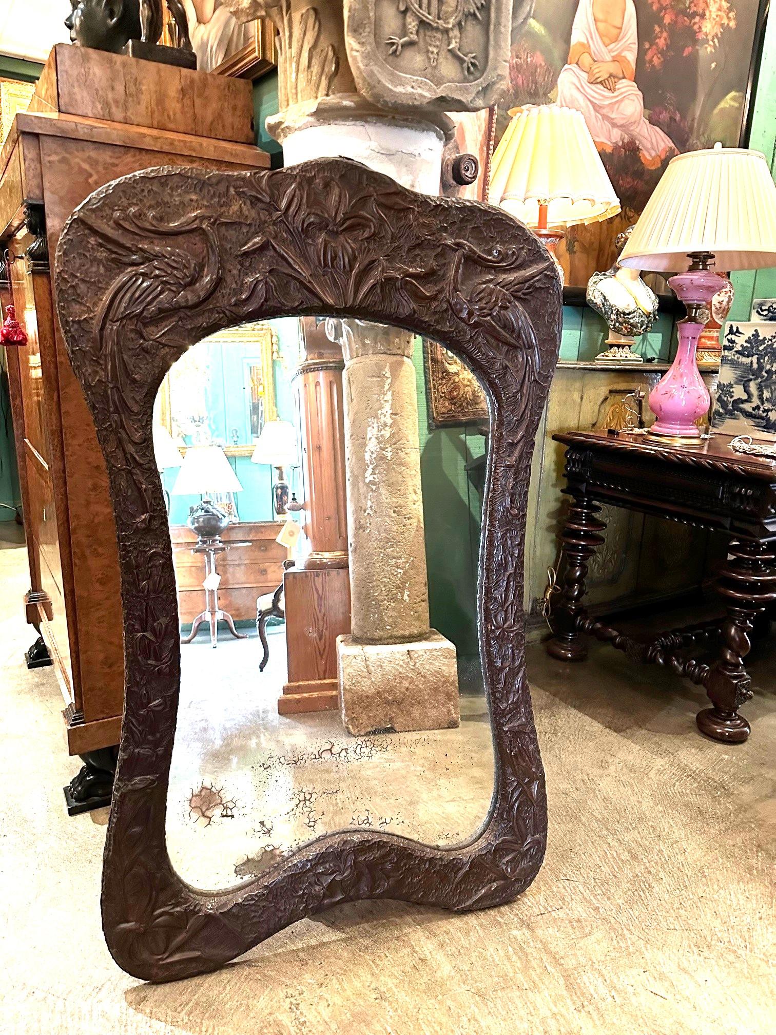 Art Nouveau Wood & Metal Mantle Wall Mirror Glass Embossed Repousse Antique CA . A superb handcrafted late 19th century period antique mirror with original glass . Embossed Artwork to decorate your interior from the Romantic period of the Art