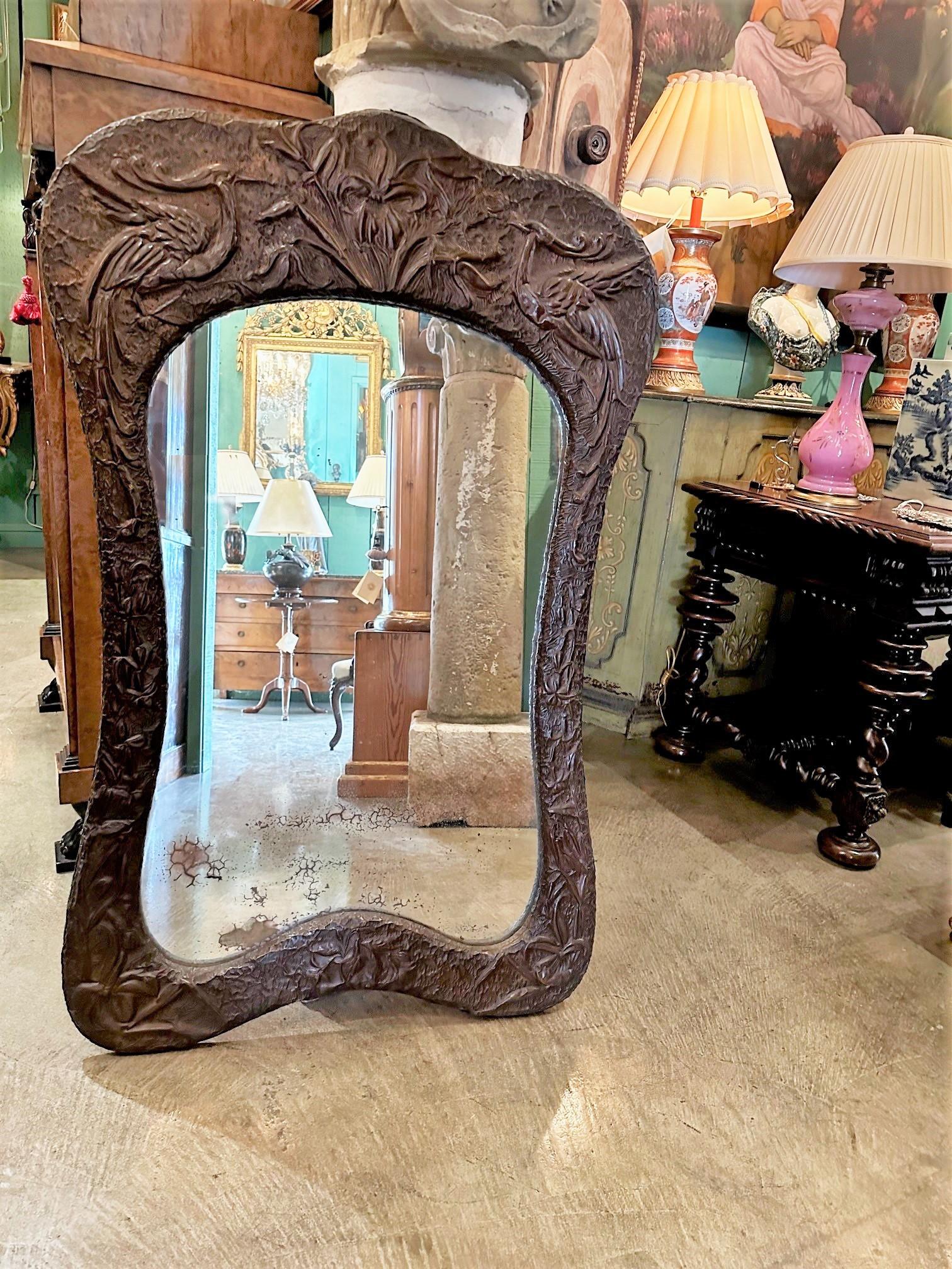 French Art Nouveau Wood & Metal Mantle Wall Mirror Glass Embossed Repousse Antique CA For Sale