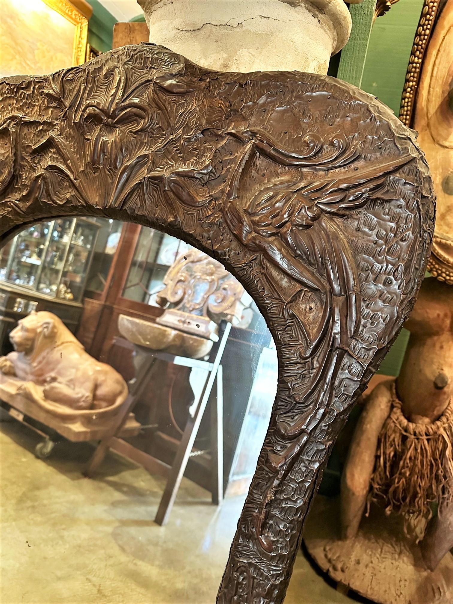 Art Nouveau Wood & Metal Mantle Wall Mirror Glass Embossed Repousse Antique CA For Sale 1