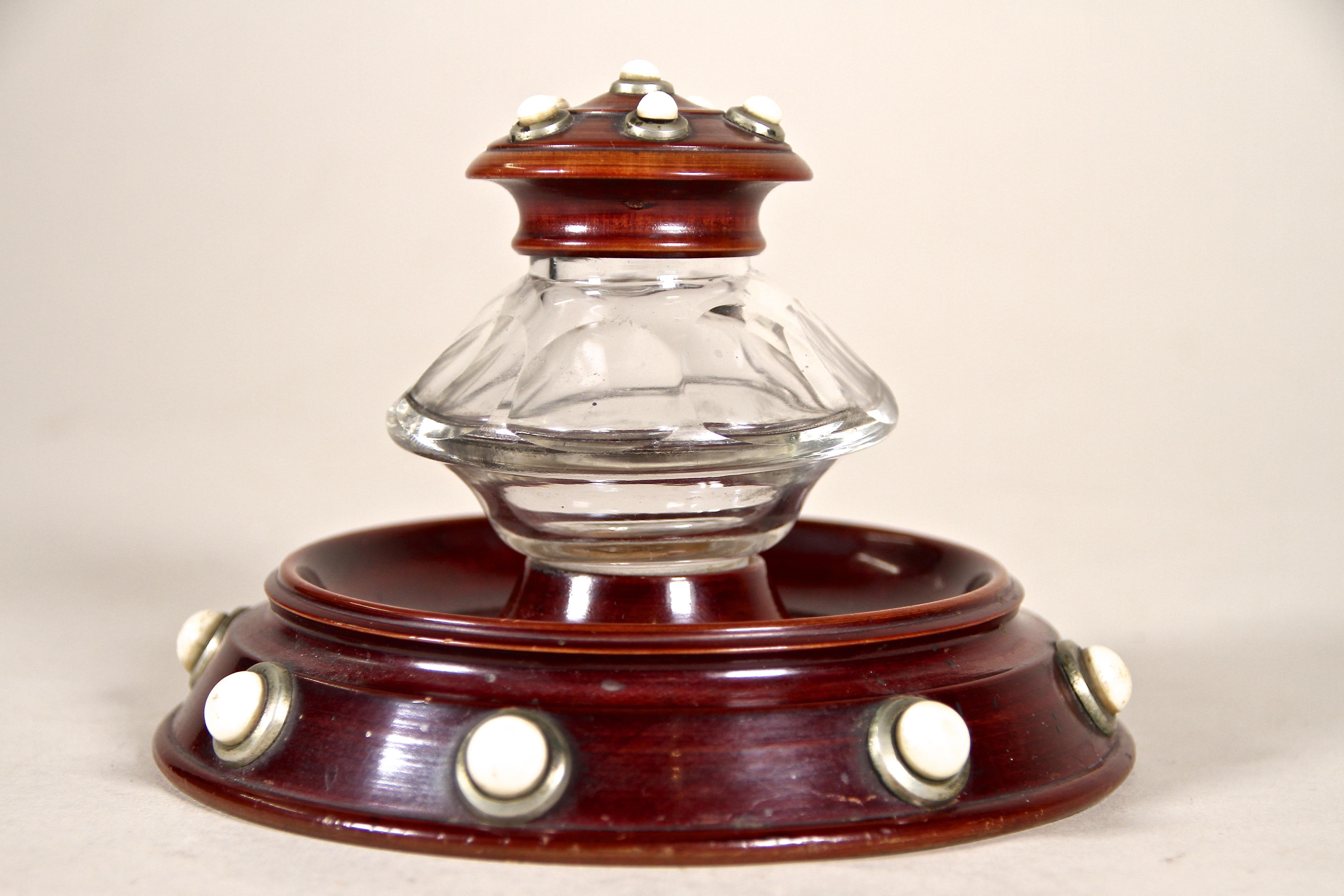Stained Art Nouveau Wooden Inkwell with Porcelain Knobs, Austria, circa 1900