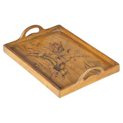 Art Nouveau Wooden Tray with Floral Marquetry, French, 20th Century