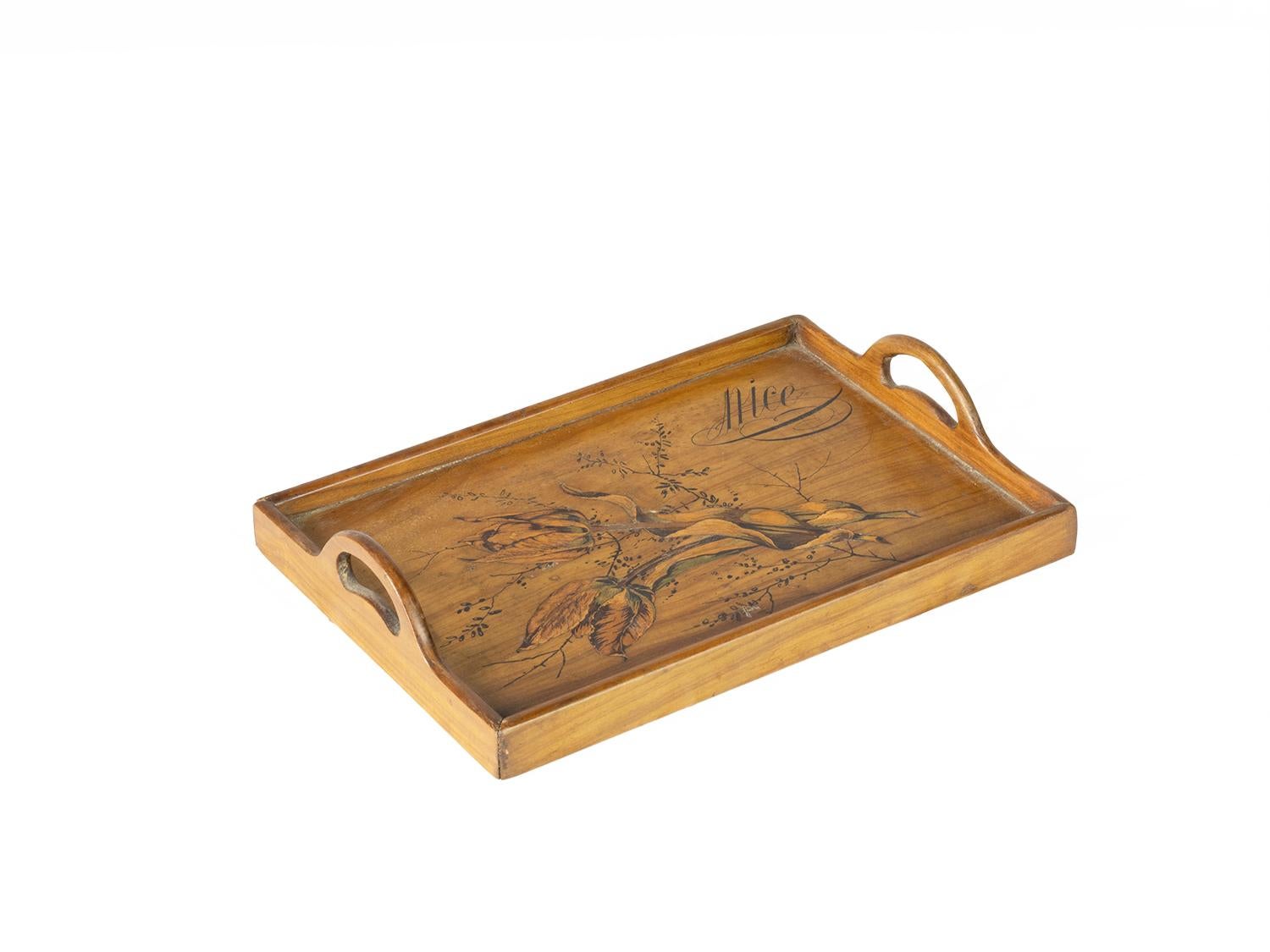 Bandeja de madera Art Nouveau con incrustaciones, Siglo XX Francés en venta
