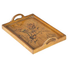 Vassoio in legno Art Nouveau con intarsi, 20° secolo