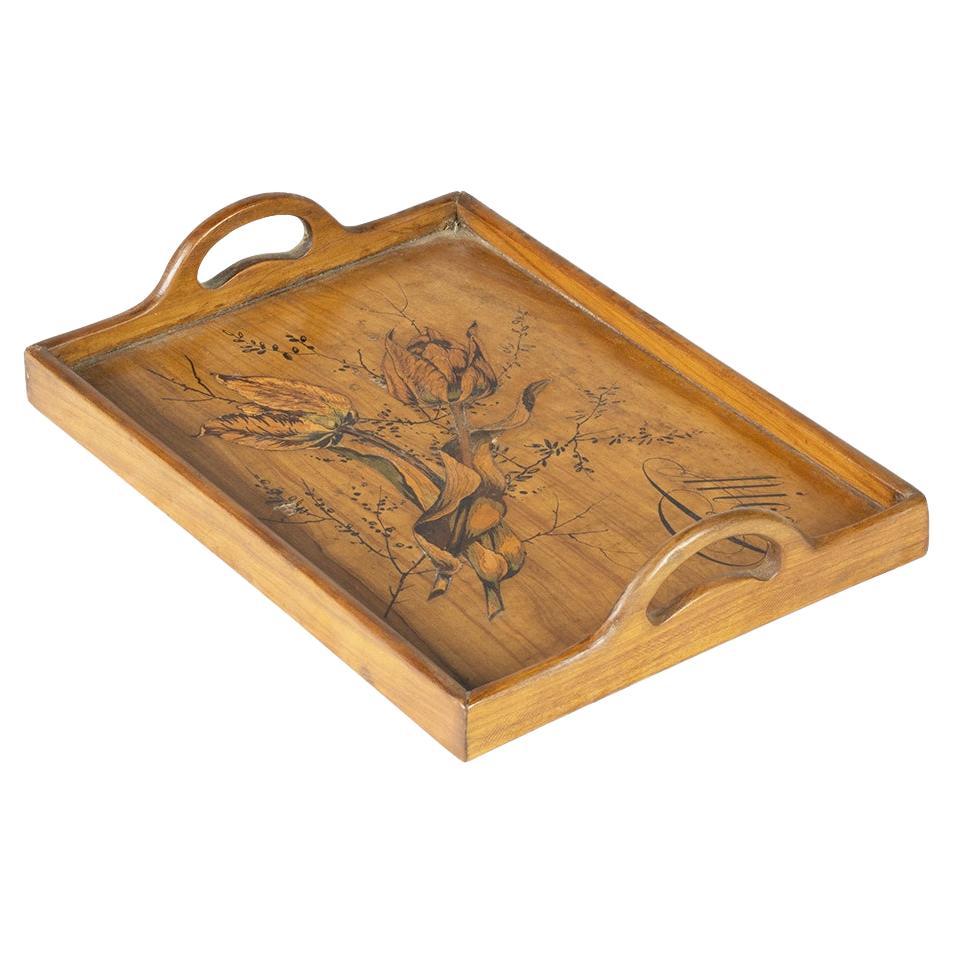 Plateau en bois Art Nouveau avec incrustations, 20ème siècle en vente