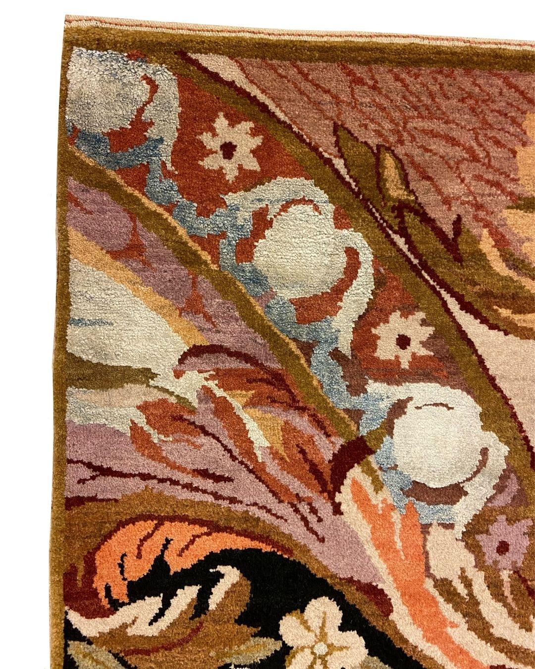 Vegetable Dyed Art Nouveau Wool and Silk Persian Rug, Coral, Red, Purple, Brown, and Blue, 2x3 For Sale