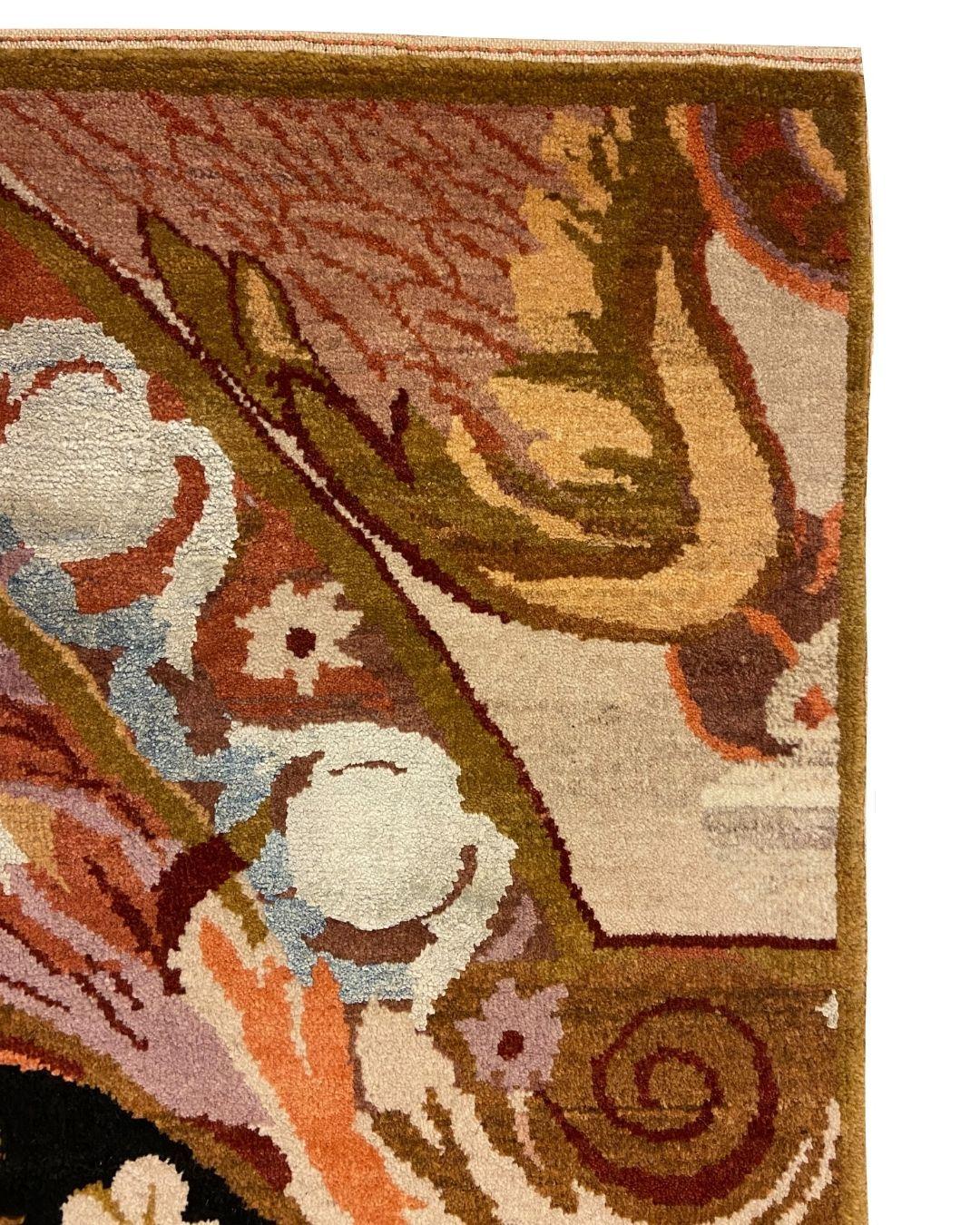 Contemporary Art Nouveau Wool and Silk Persian Rug, Coral, Red, Purple, Brown, and Blue, 2x3 For Sale