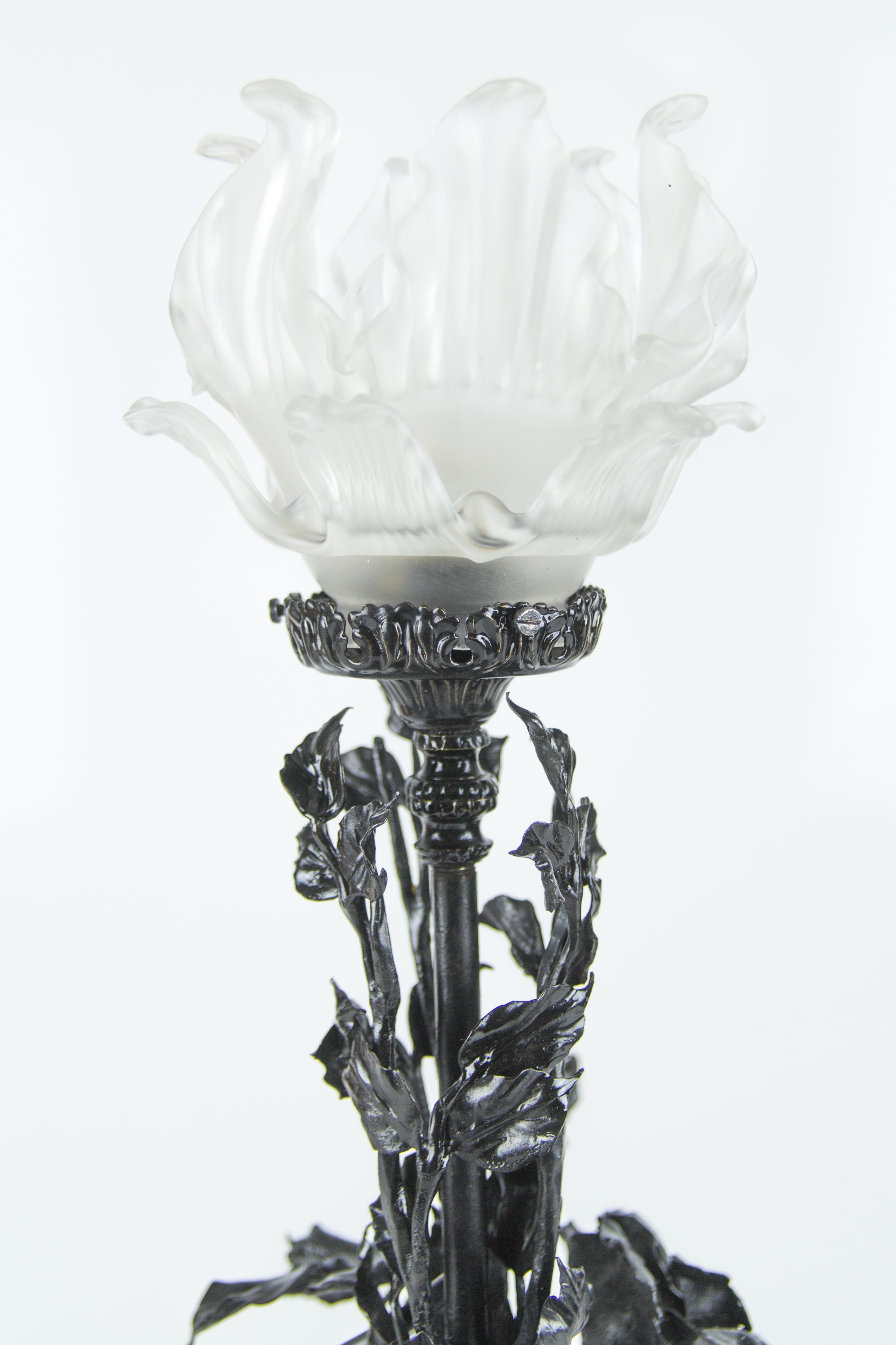 Art Nouveau Wrought Iron Base and Frosted Glass Table Lamp with Roses Flowers 6