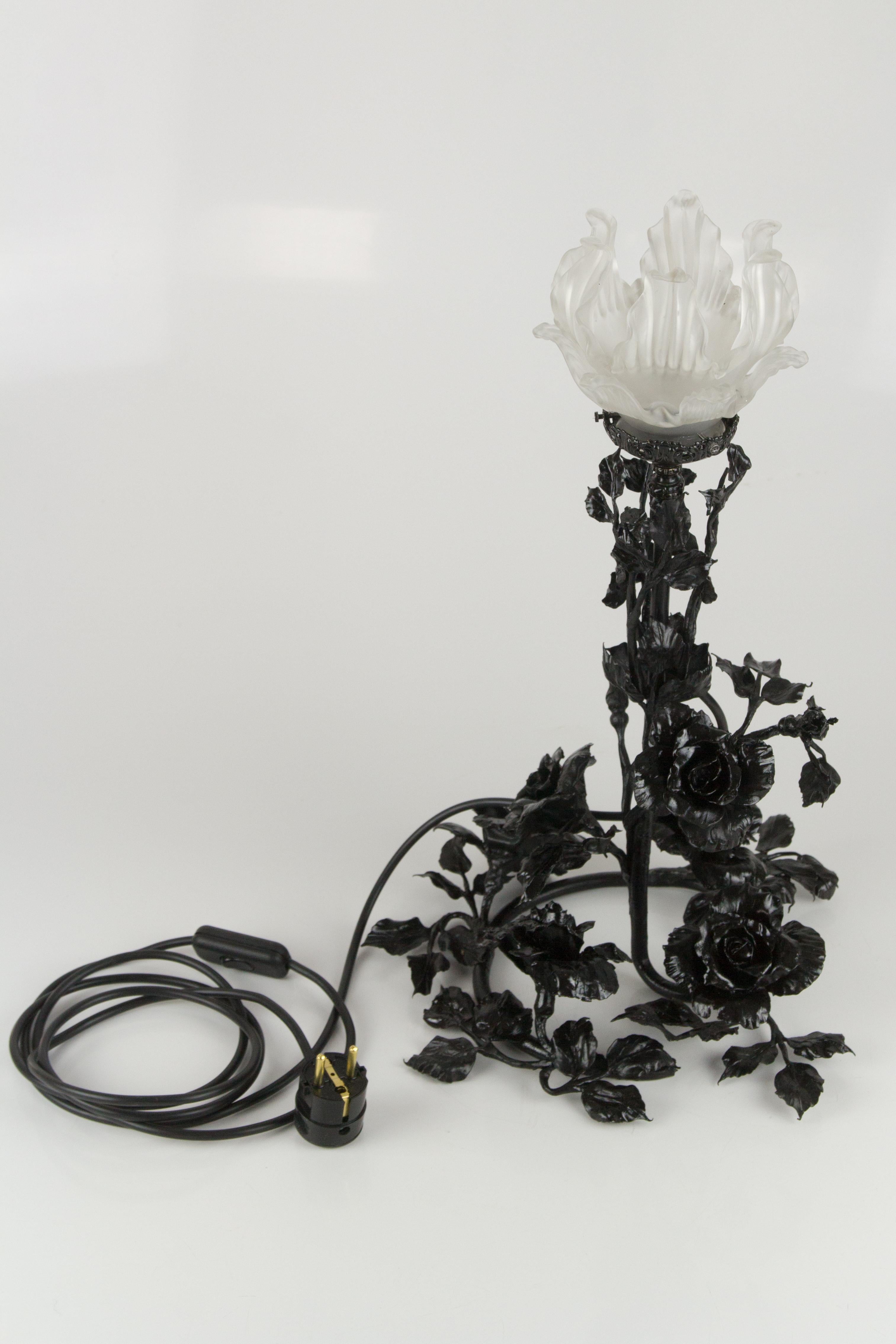 Art Nouveau Wrought Iron Base and Frosted Glass Table Lamp with Roses Flowers 7