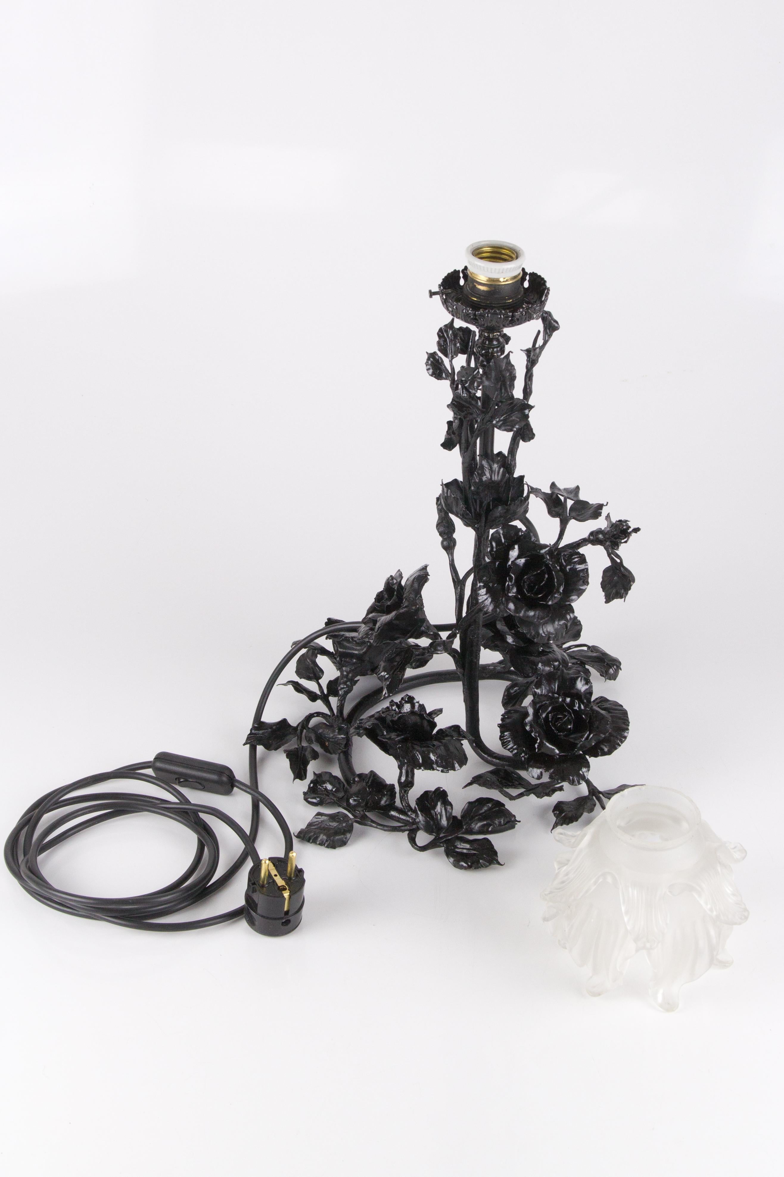 Art Nouveau Wrought Iron Base and Frosted Glass Table Lamp with Roses Flowers 8