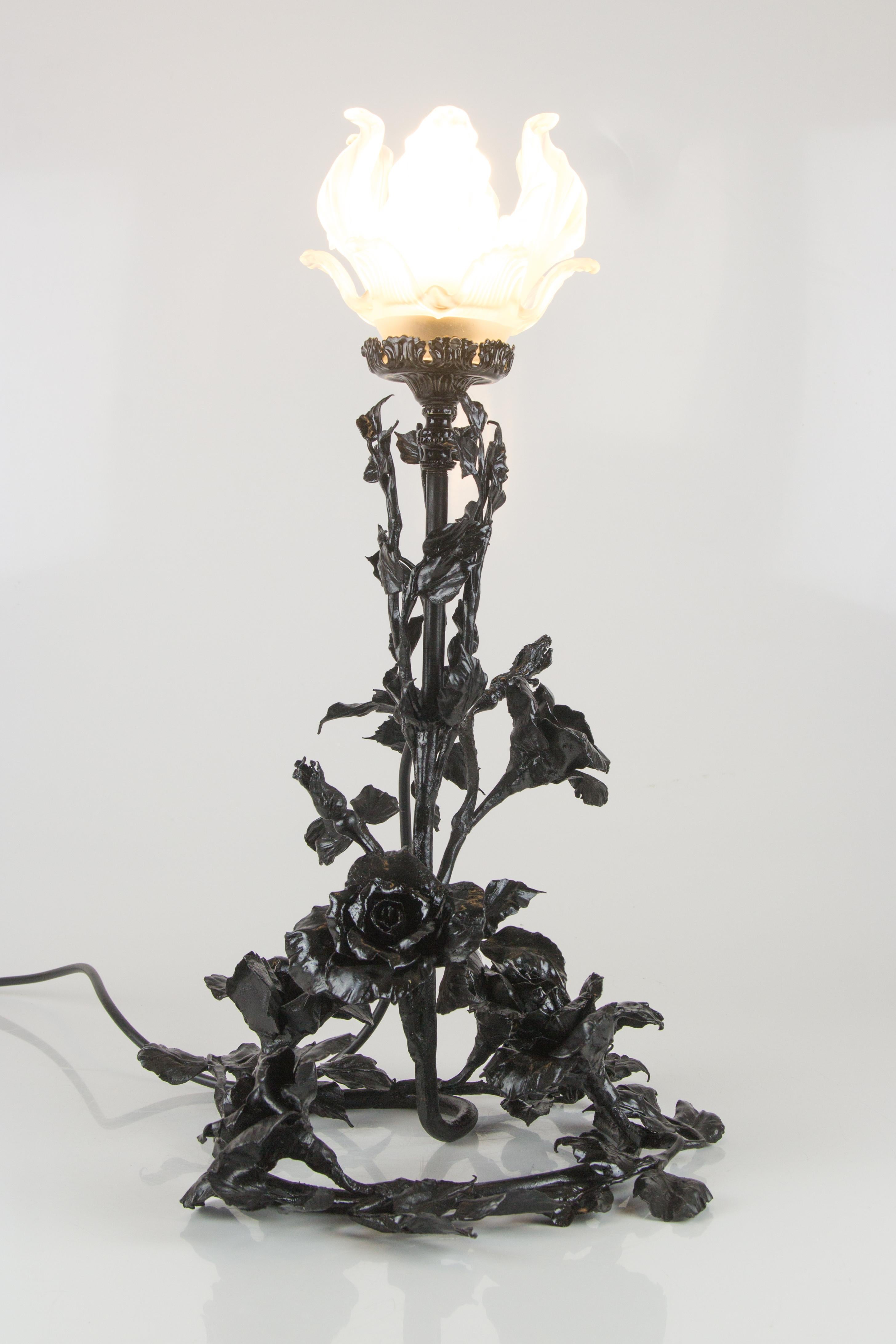 Art Nouveau Wrought Iron Base and Frosted Glass Table Lamp with Roses Flowers 10
