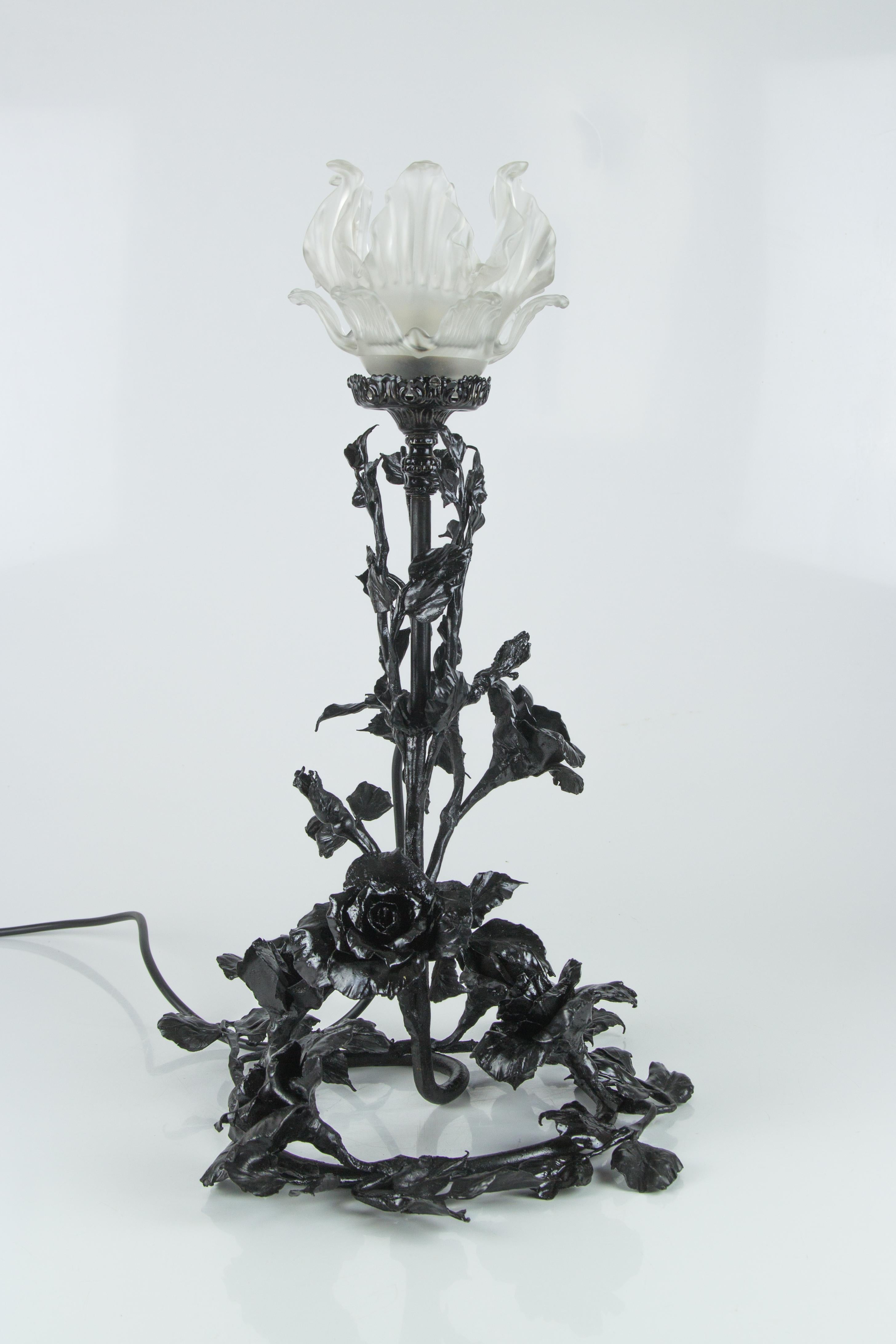 Art Nouveau Wrought Iron Base and Frosted Glass Table Lamp with Roses Flowers 12