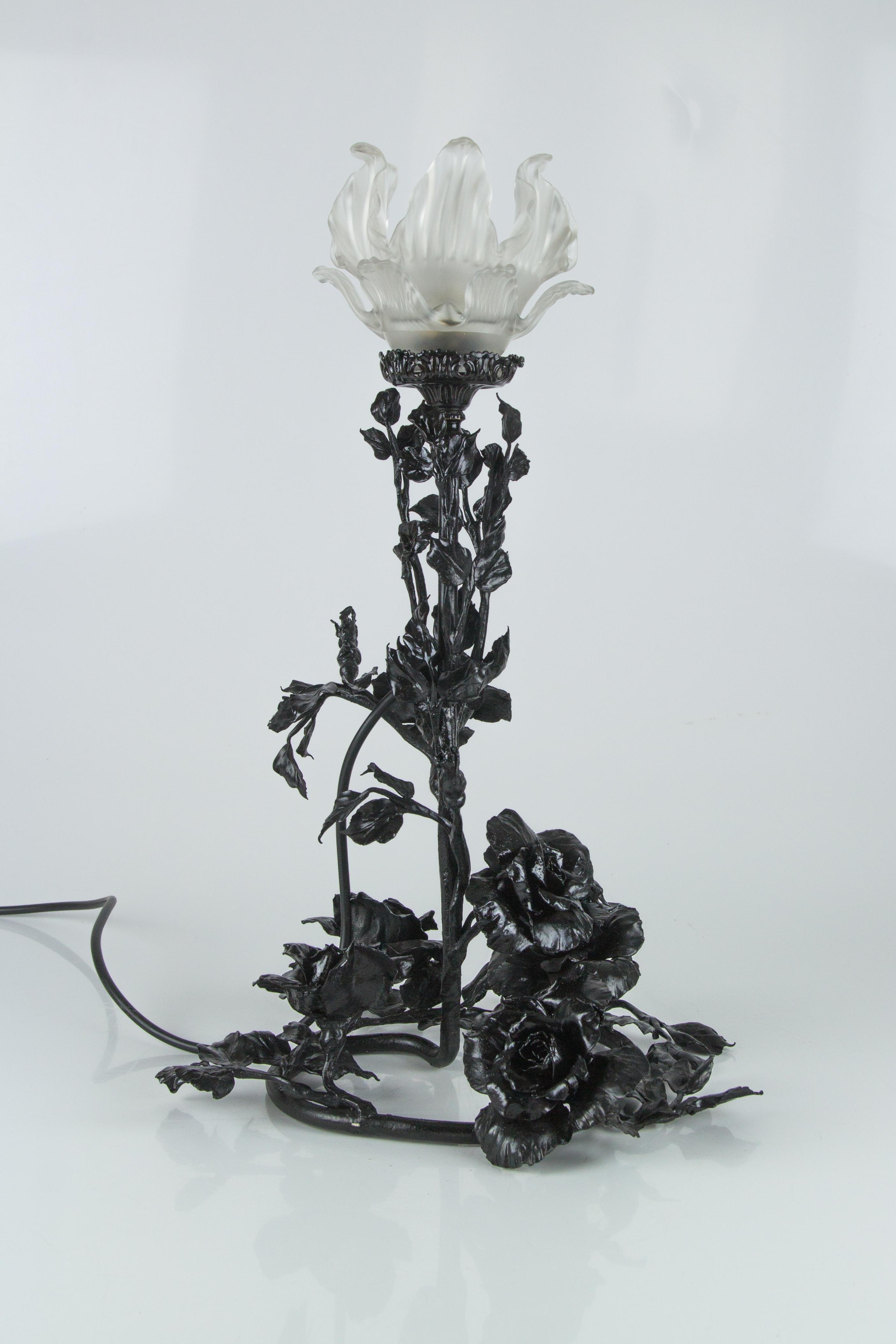 Art Nouveau Wrought Iron Base and Frosted Glass Table Lamp with Roses Flowers 13