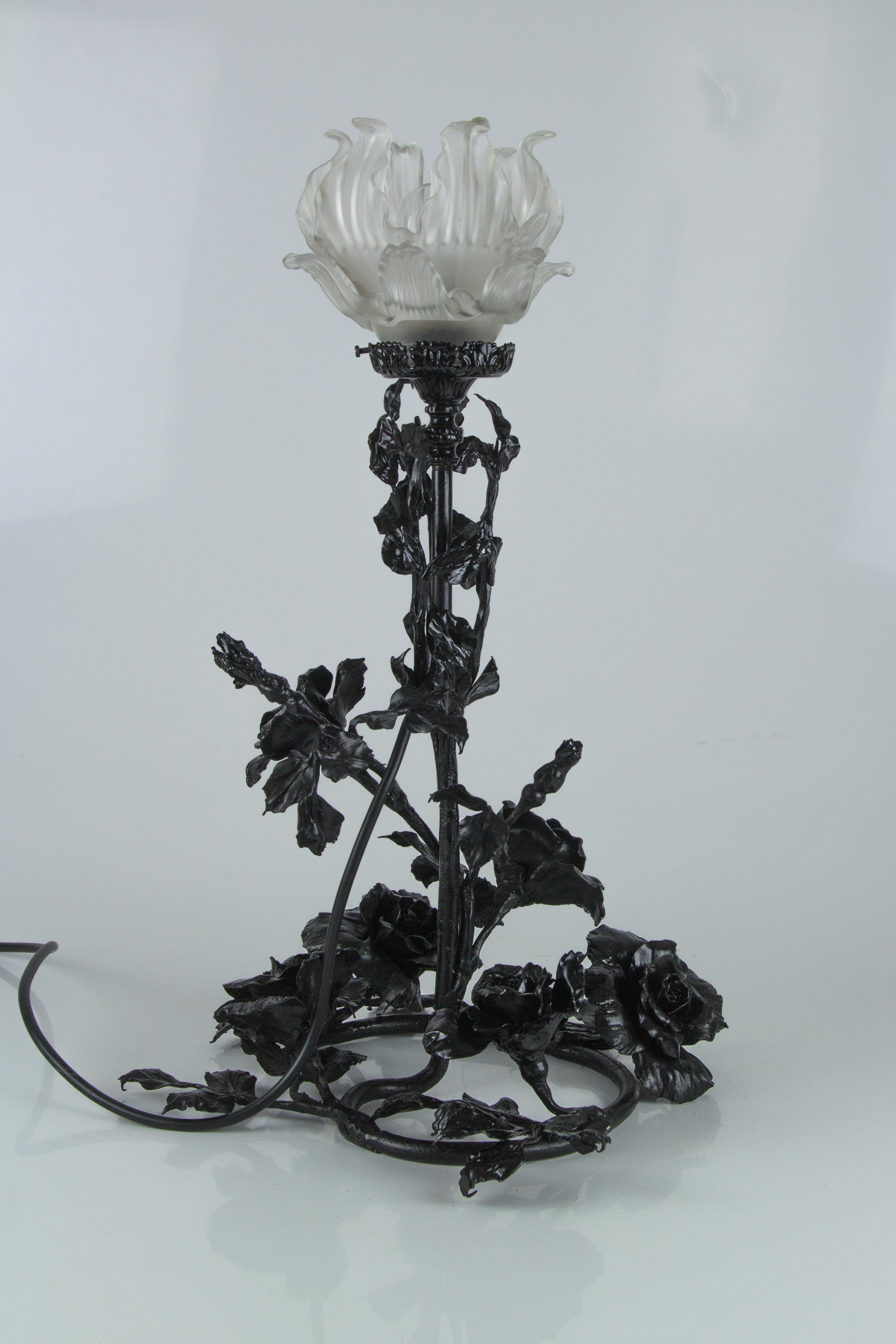 Art Nouveau Wrought Iron Base and Frosted Glass Table Lamp with Roses Flowers 14