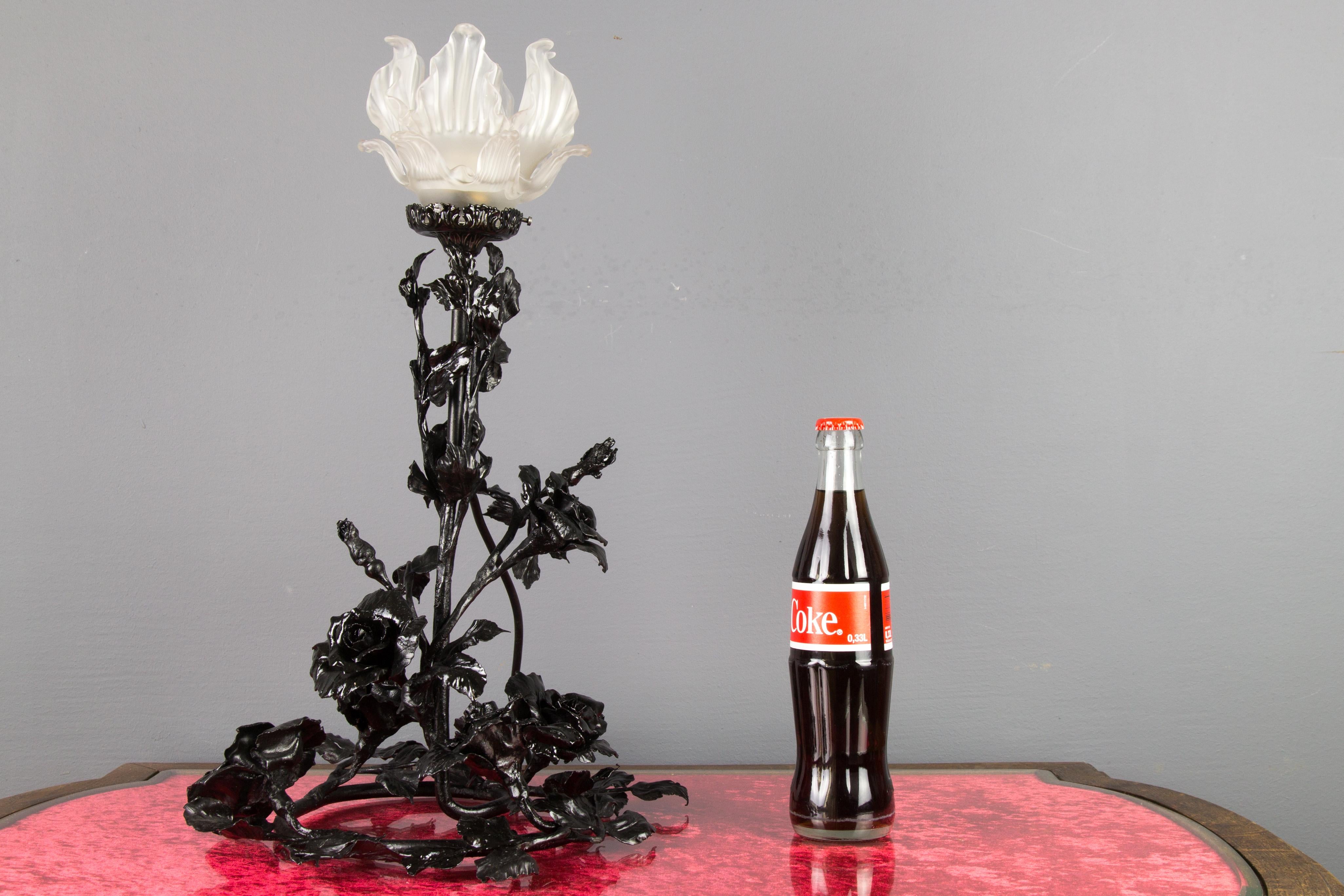 Art Nouveau Wrought Iron Base and Frosted Glass Table Lamp with Roses Flowers 15