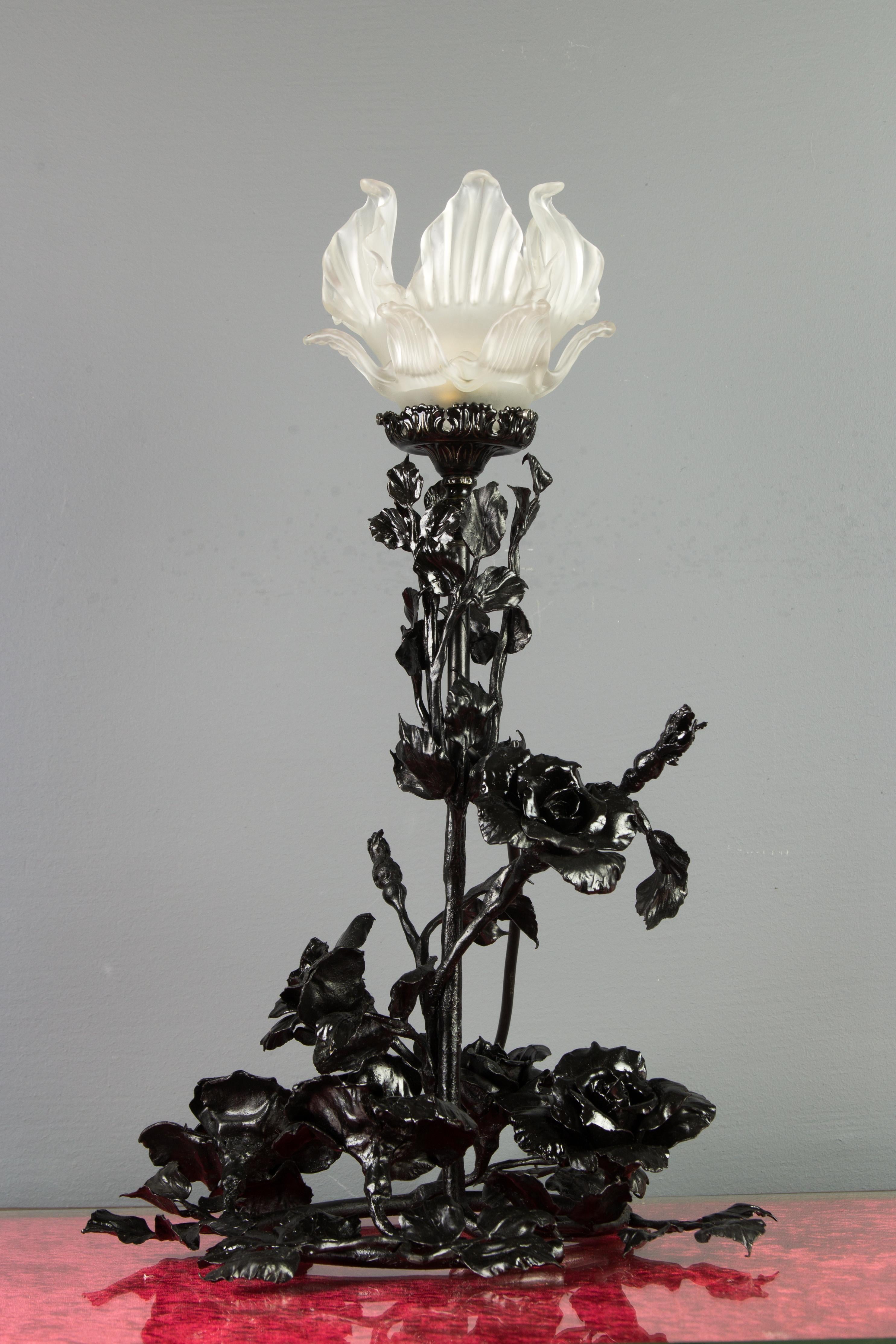 Belgian Art Nouveau Wrought Iron Base and Frosted Glass Table Lamp with Roses Flowers