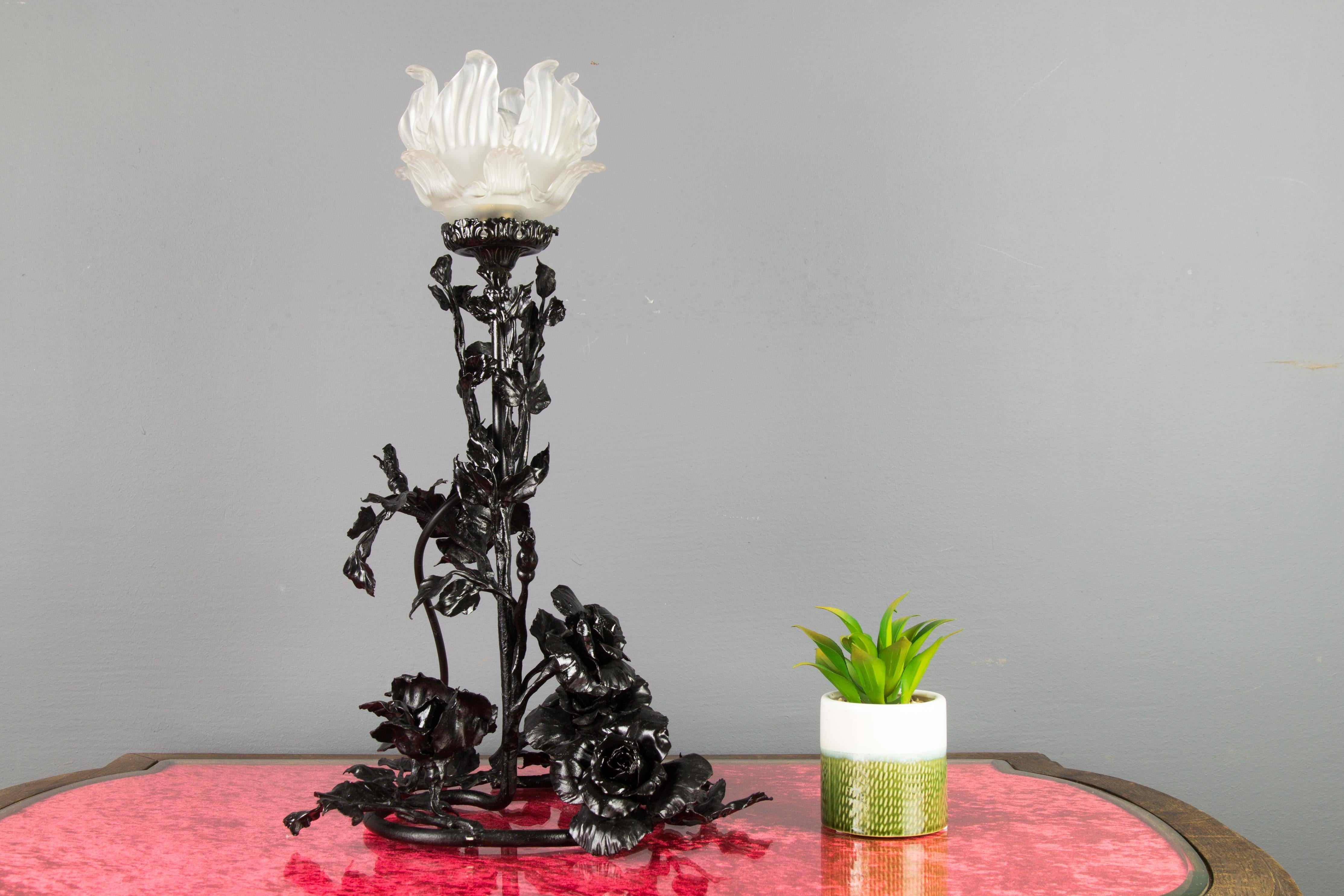 Art Nouveau Wrought Iron Base and Frosted Glass Table Lamp with Roses Flowers 2
