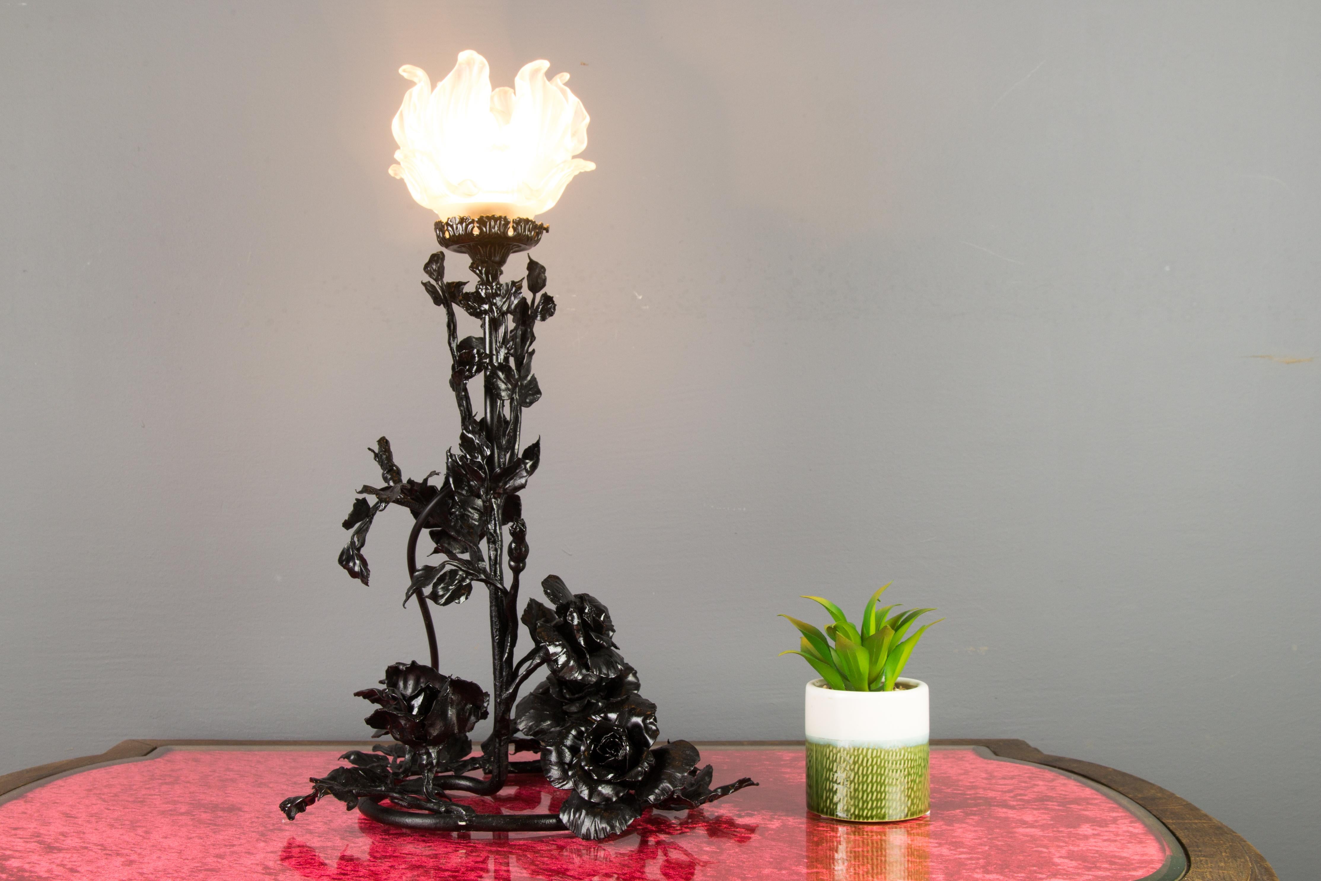 Art Nouveau Wrought Iron Base and Frosted Glass Table Lamp with Roses Flowers 3