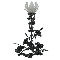 Art Nouveau Wrought Iron Base and Frosted Glass Table Lamp with Roses Flowers