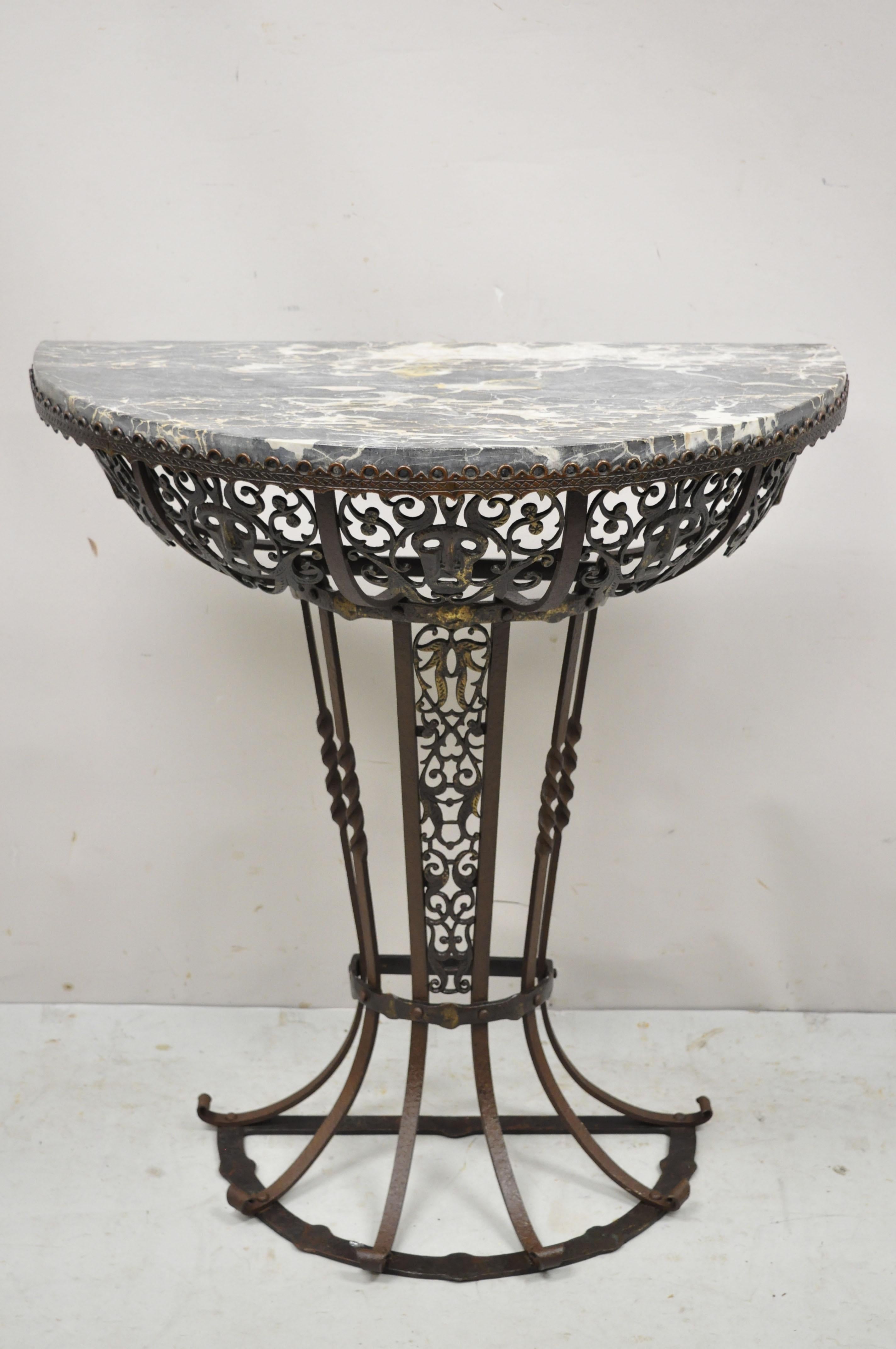 Art Nouveau Wrought Iron Demilune Marble Top Console Hall Table Atr Oscar Bach For Sale 4