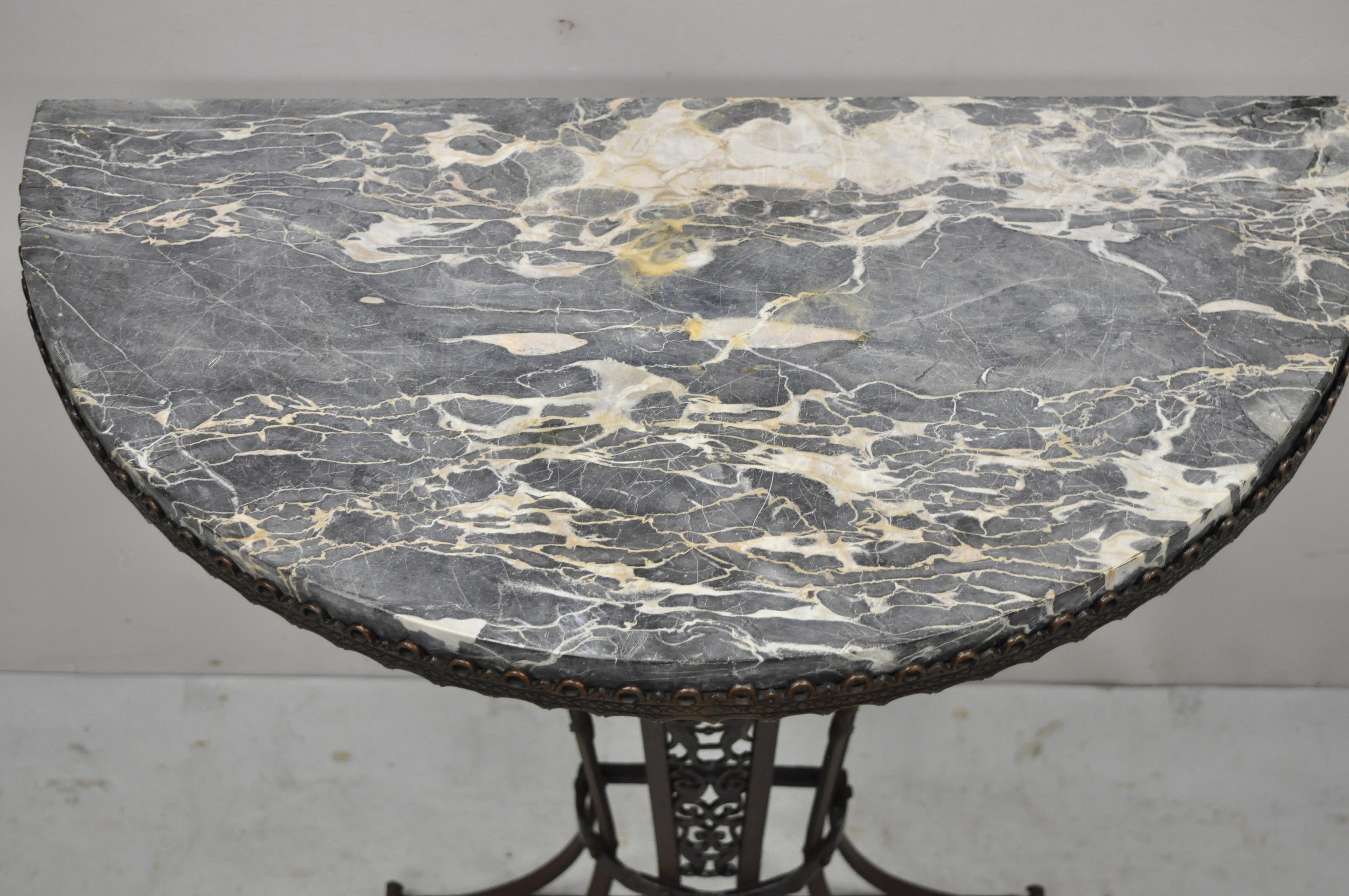 20th Century Art Nouveau Wrought Iron Demilune Marble Top Console Hall Table Atr Oscar Bach For Sale