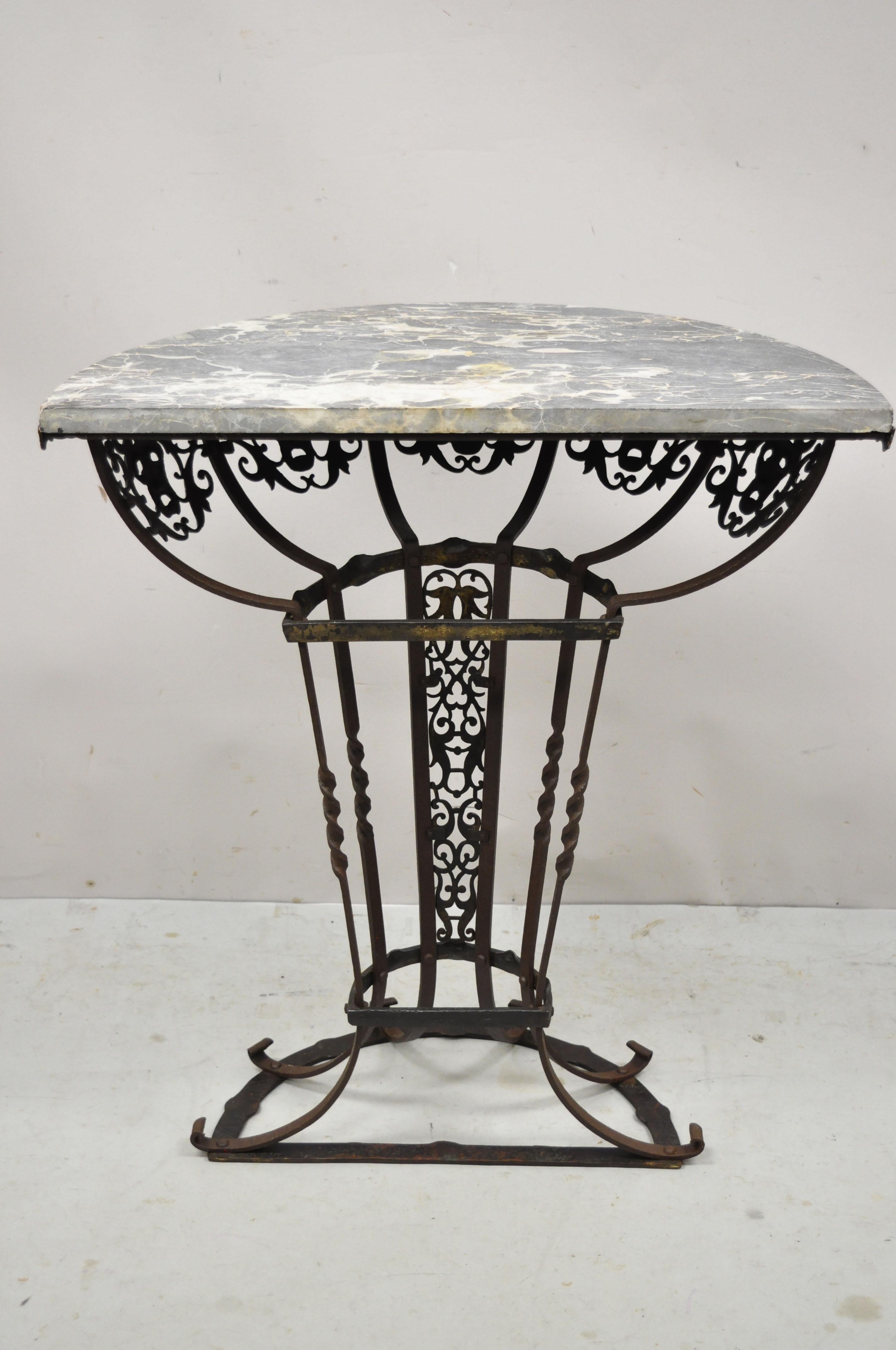 Art Nouveau Wrought Iron Demilune Marble Top Console Hall Table Atr Oscar Bach For Sale 3
