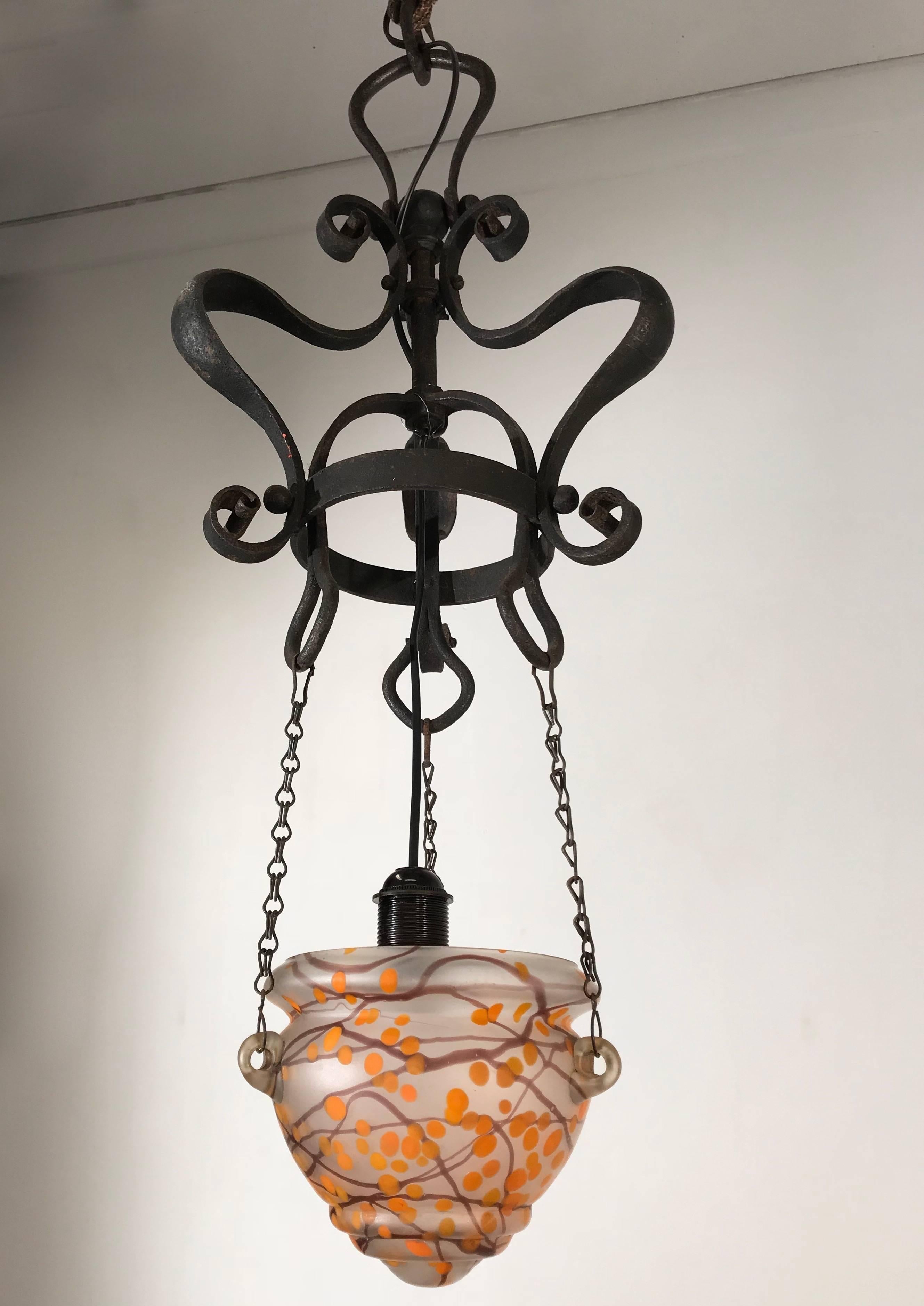 Art Nouveau Wrought Iron Pendant Light with Mouth Blown Artistic Glass Shade 1