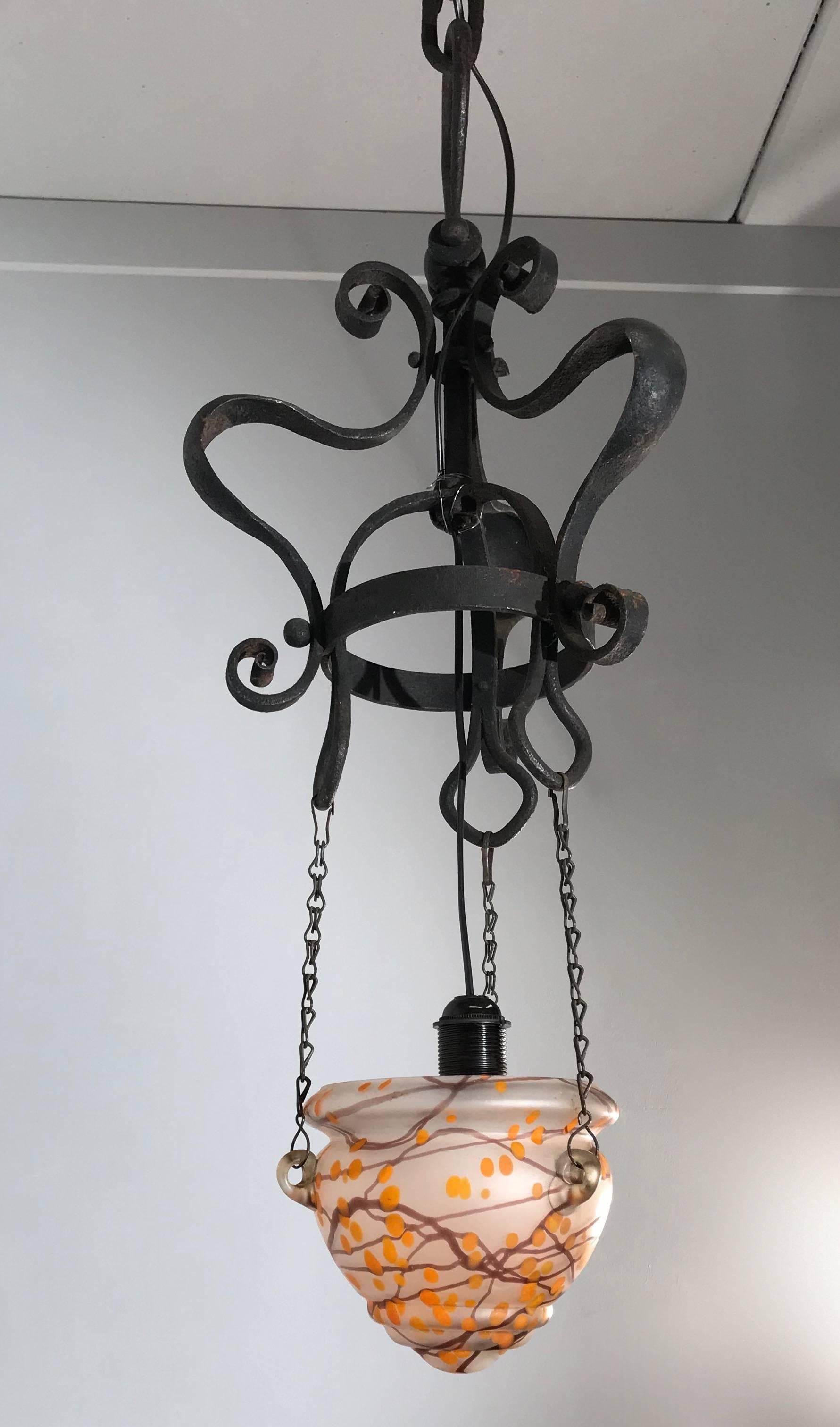 Art Nouveau Wrought Iron Pendant Light with Mouth Blown Artistic Glass Shade 6