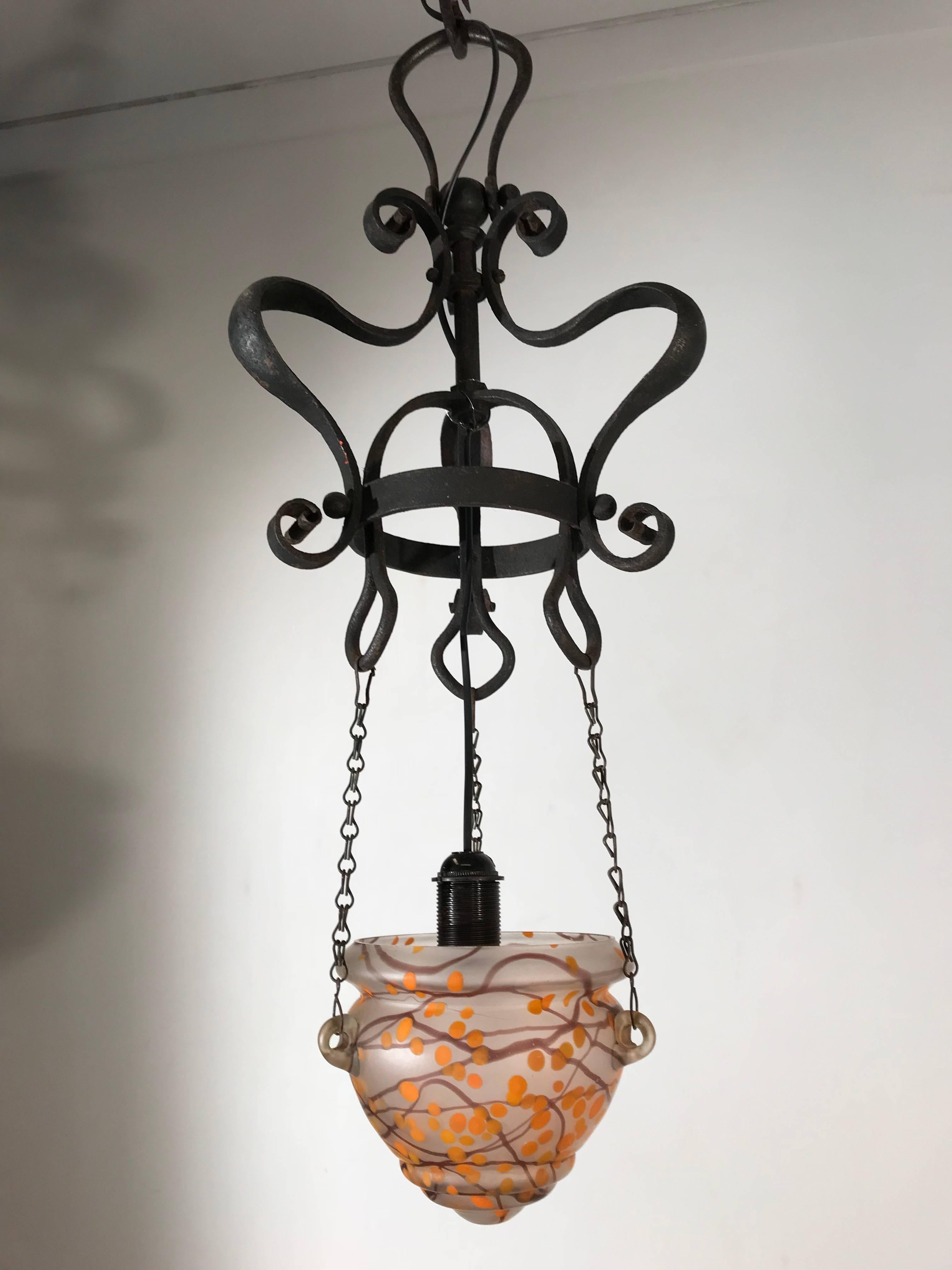 Art Nouveau Wrought Iron Pendant Light with Mouth Blown Artistic Glass Shade 7