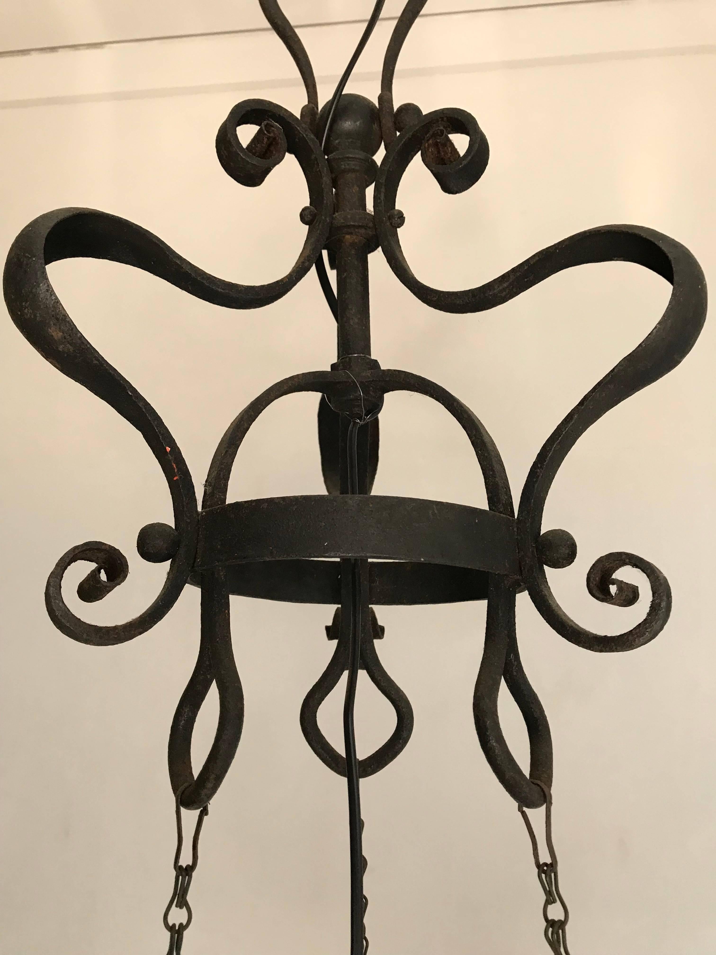 Art Nouveau Wrought Iron Pendant Light with Mouth Blown Artistic Glass Shade 9