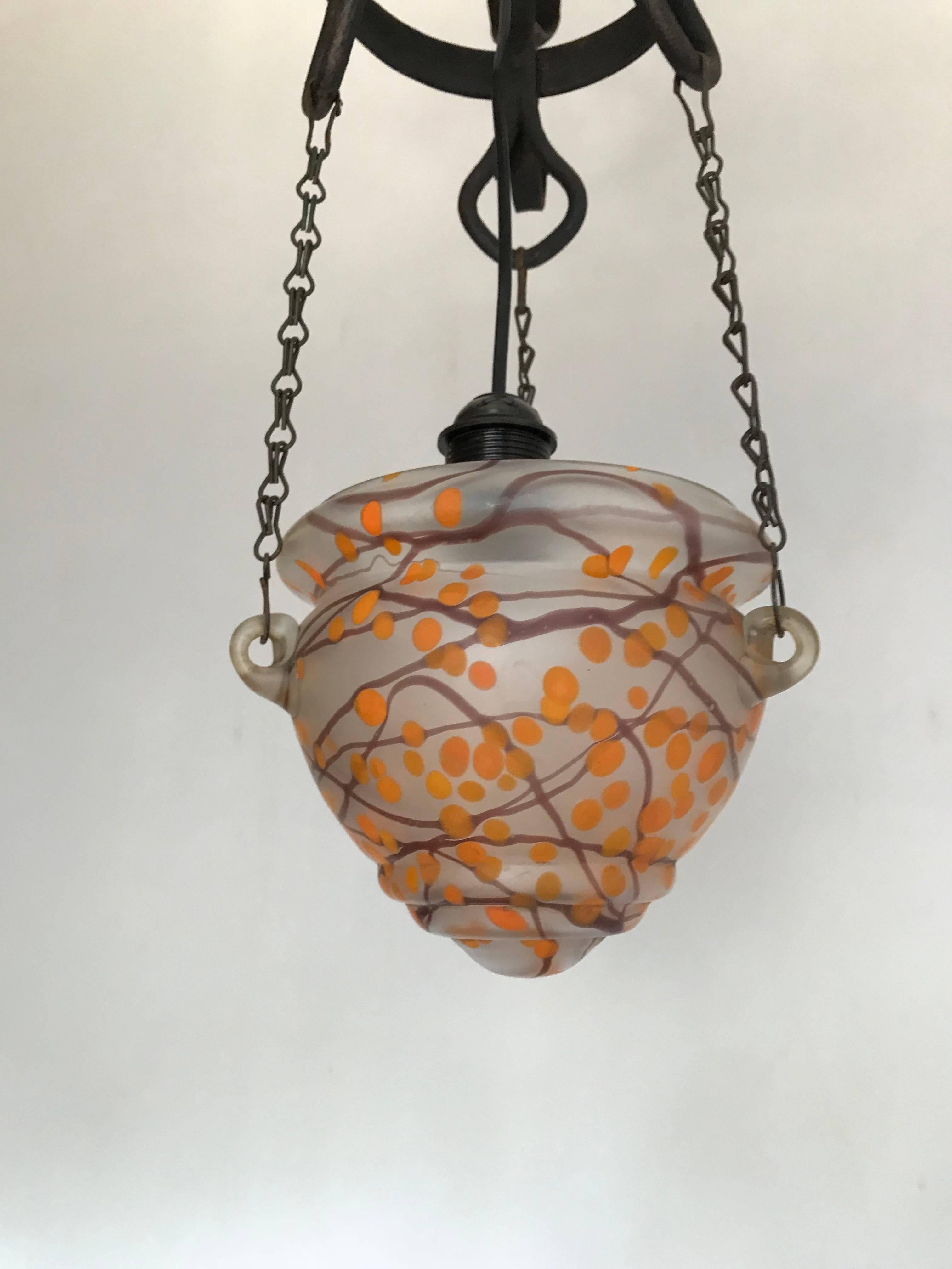French Art Nouveau Wrought Iron Pendant Light with Mouth Blown Artistic Glass Shade