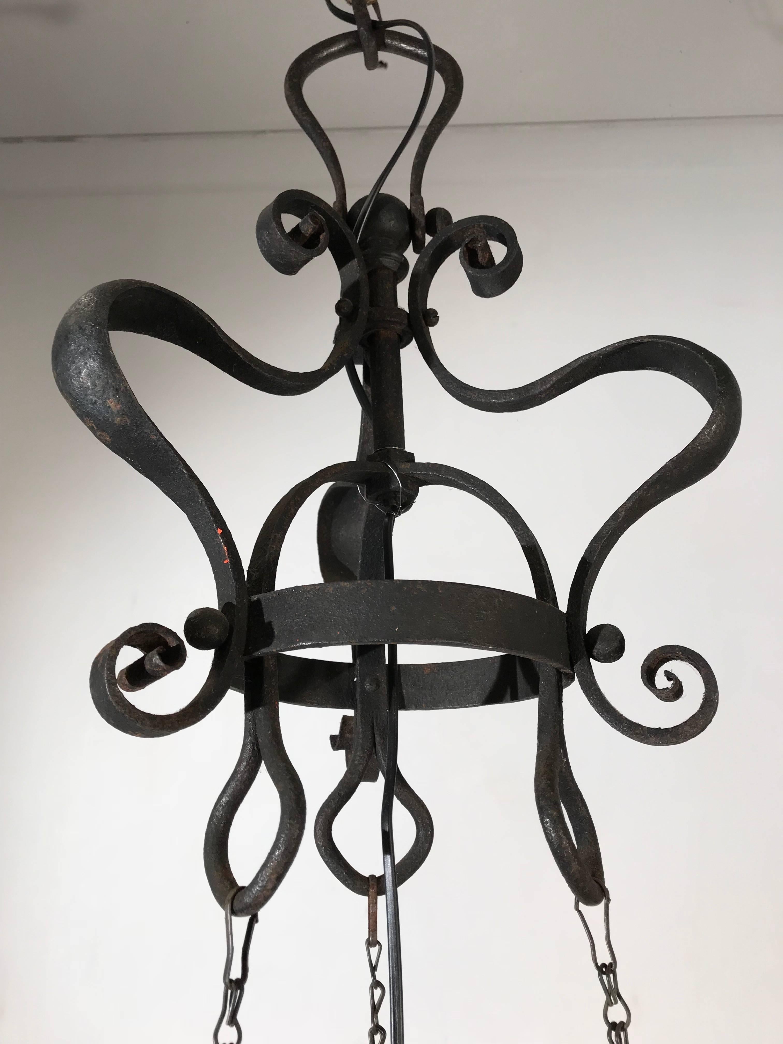 Hand-Crafted Art Nouveau Wrought Iron Pendant Light with Mouth Blown Artistic Glass Shade