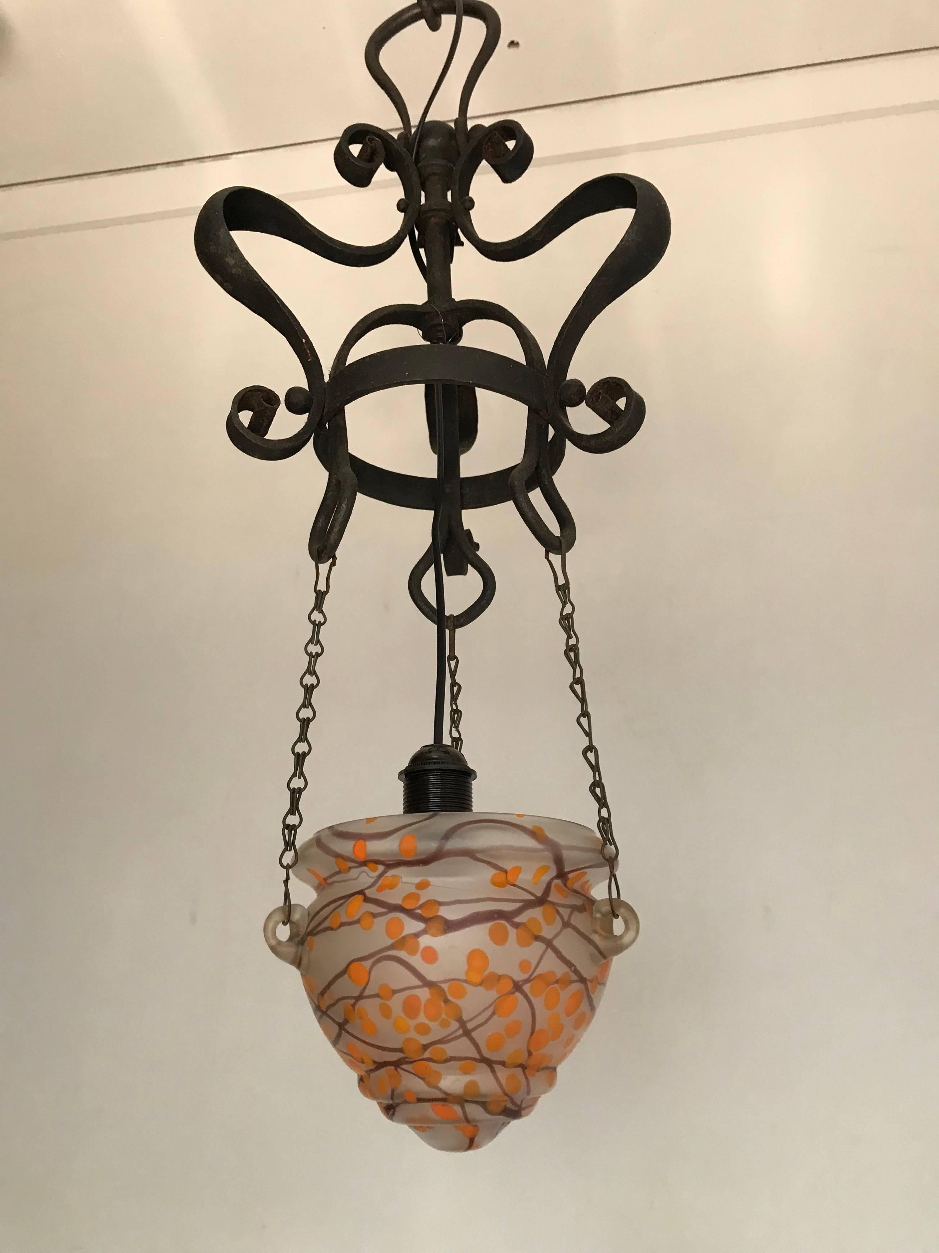 Art Nouveau Wrought Iron Pendant Light with Mouth Blown Artistic Glass Shade In Excellent Condition In Lisse, NL