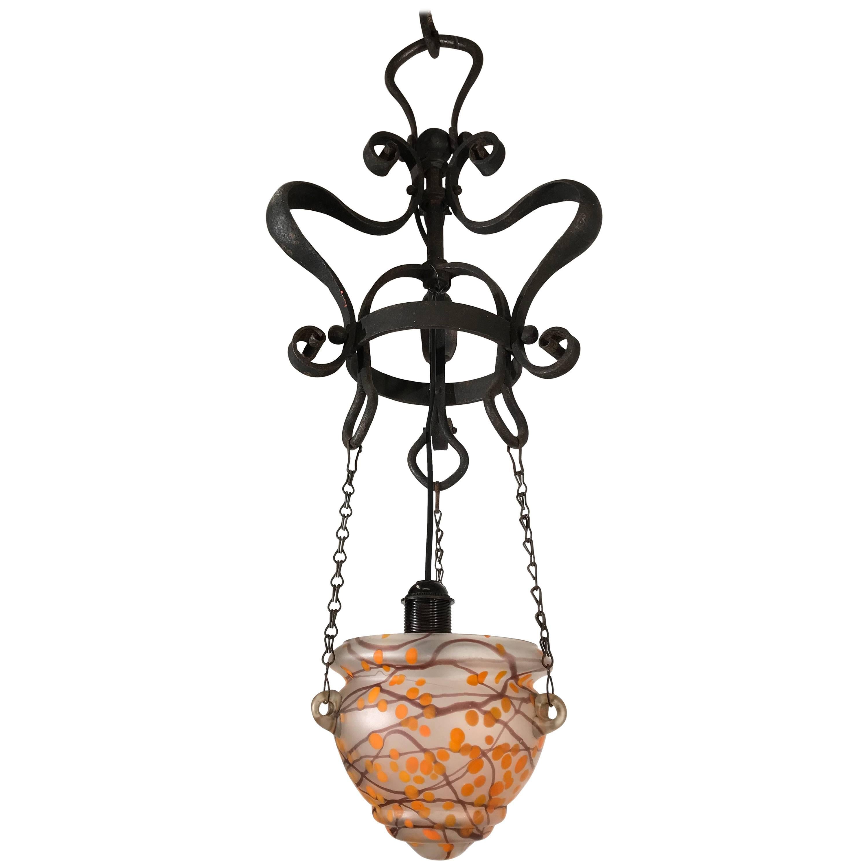 Art Nouveau Wrought Iron Pendant Light with Mouth Blown Artistic Glass Shade