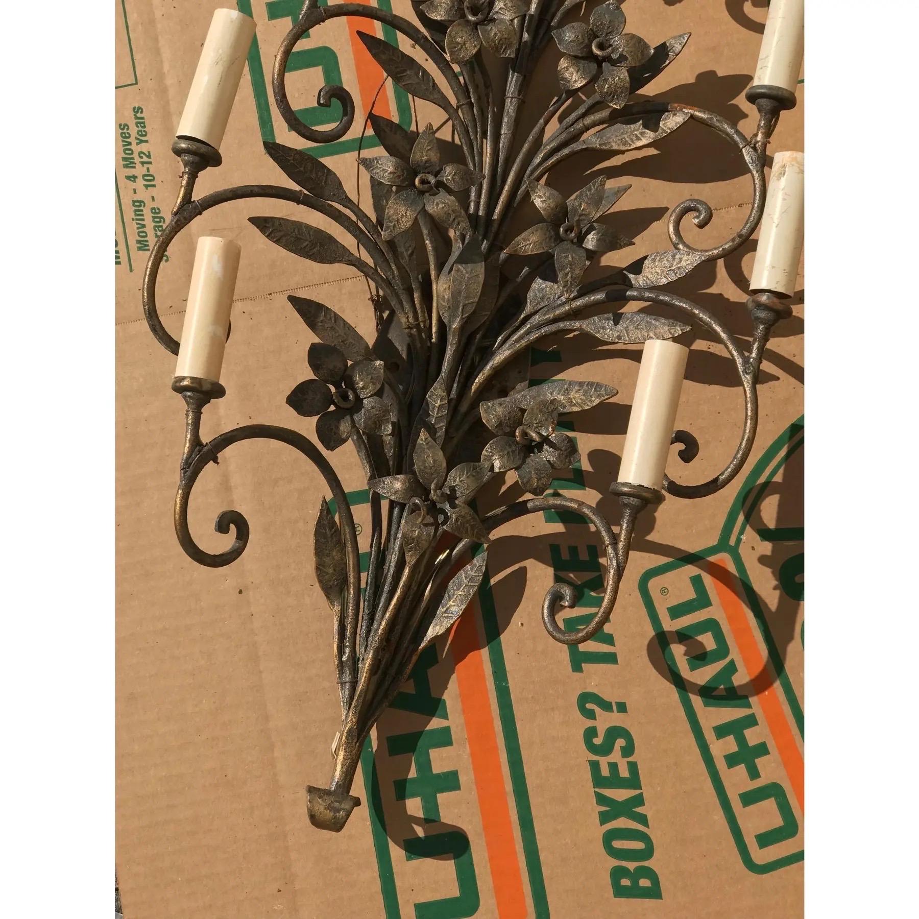 European Art Nouveau Wrought Iron Wall Sconces - a Pair For Sale