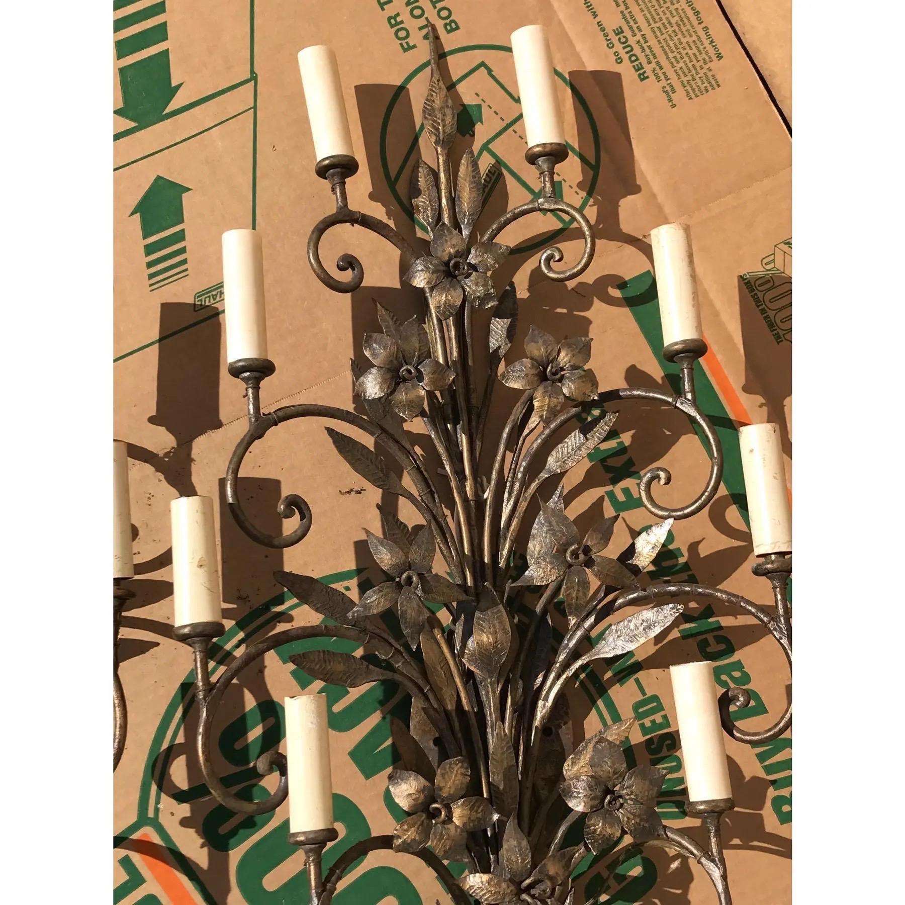 Art Nouveau Wrought Iron Wall Sconces - a Pair In Good Condition For Sale In Sarasota, FL