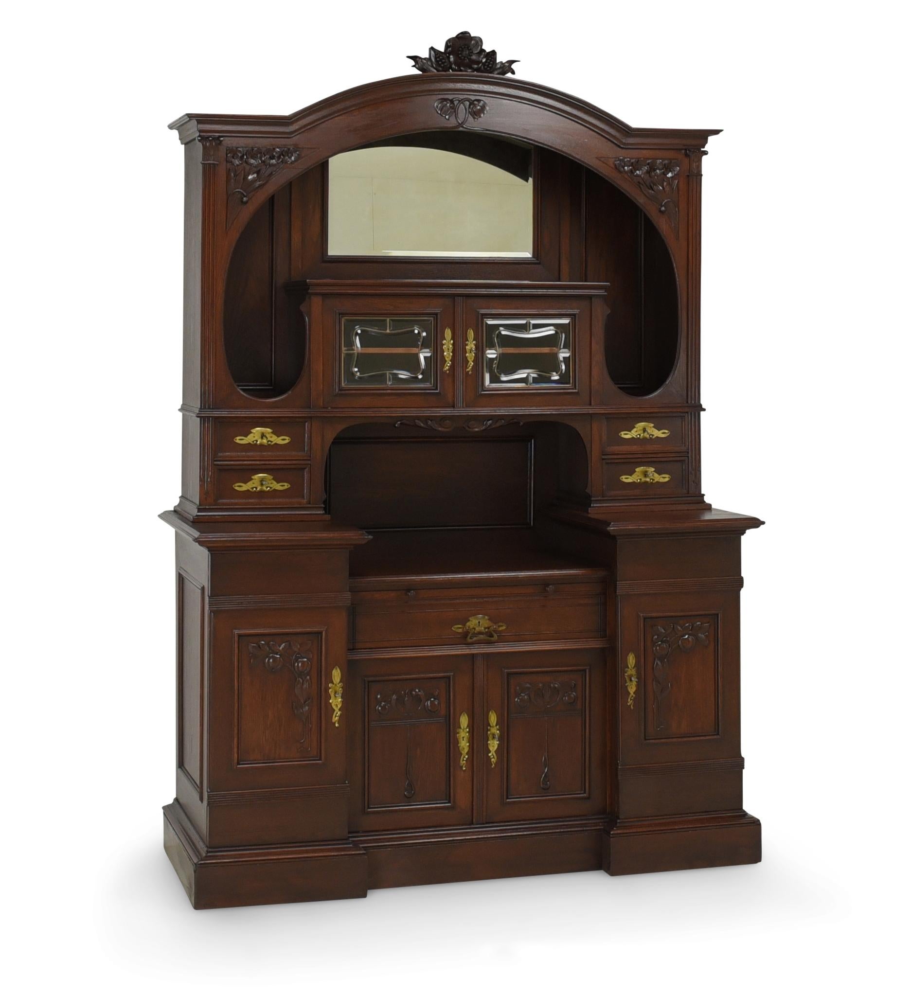 Large buffet cabinet restored Art Nouveau oak XXL display cabinet

Features:
Very high quality processing
Heavy quality
Drawers pronged
Beautiful carved decor
Very nice original fittings
High-quality faceted glazing
Superior lower