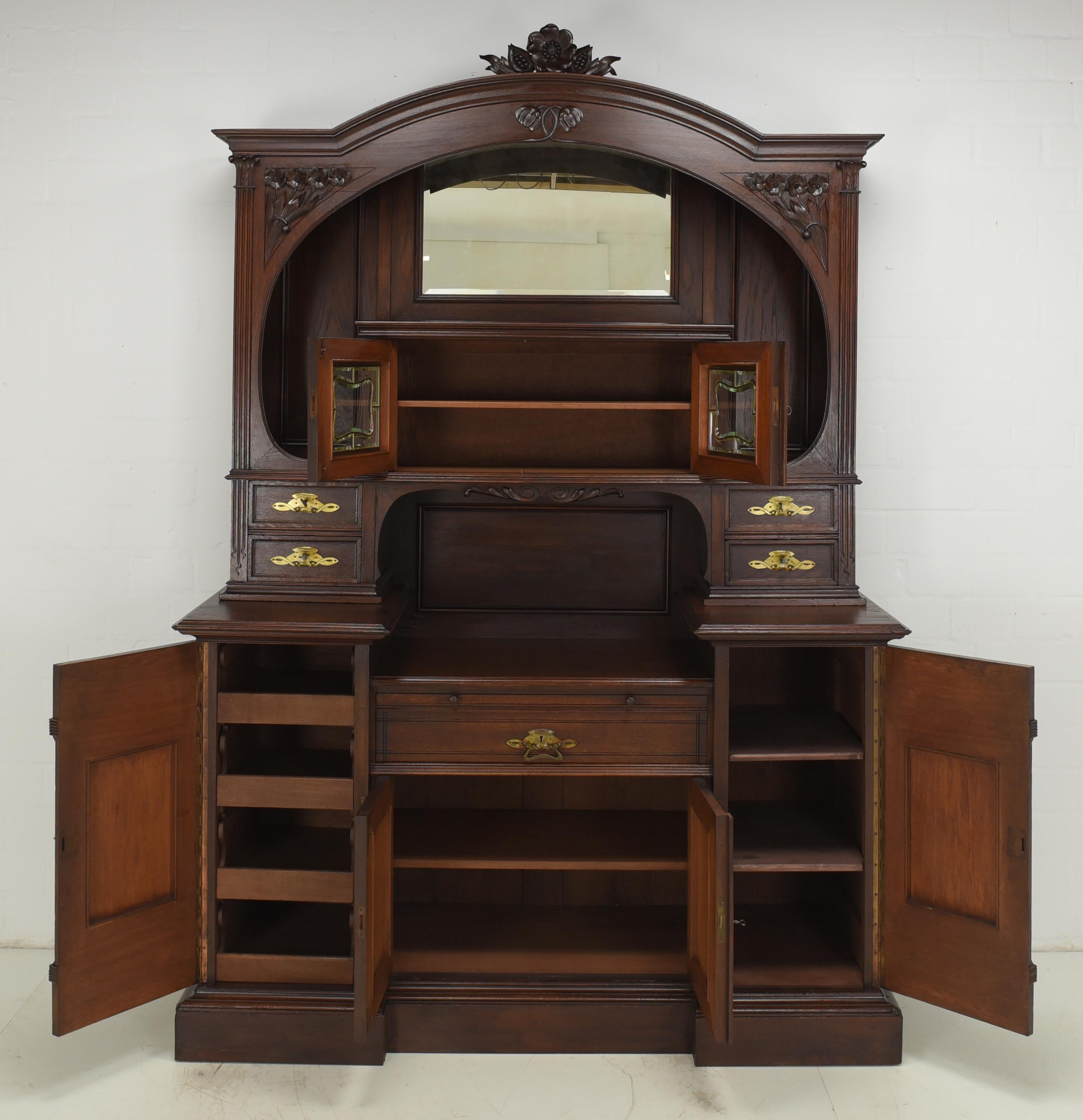 Glazed Art Nouveau XXL Large Buffet Cabinet / Display Cabinet in Oak, 1910 For Sale