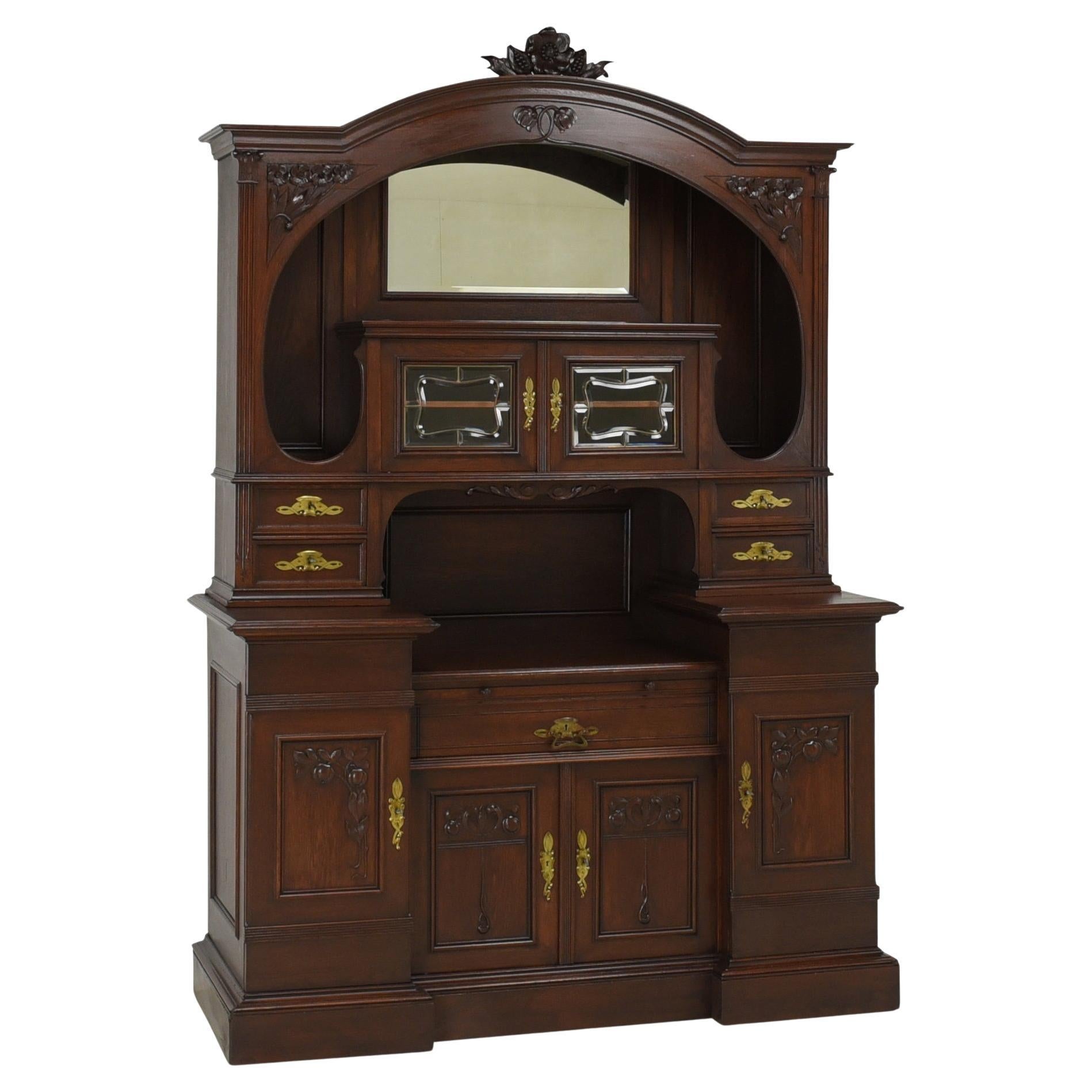 Art Nouveau XXL Large Buffet Cabinet / Display Cabinet in Oak, 1910 For Sale