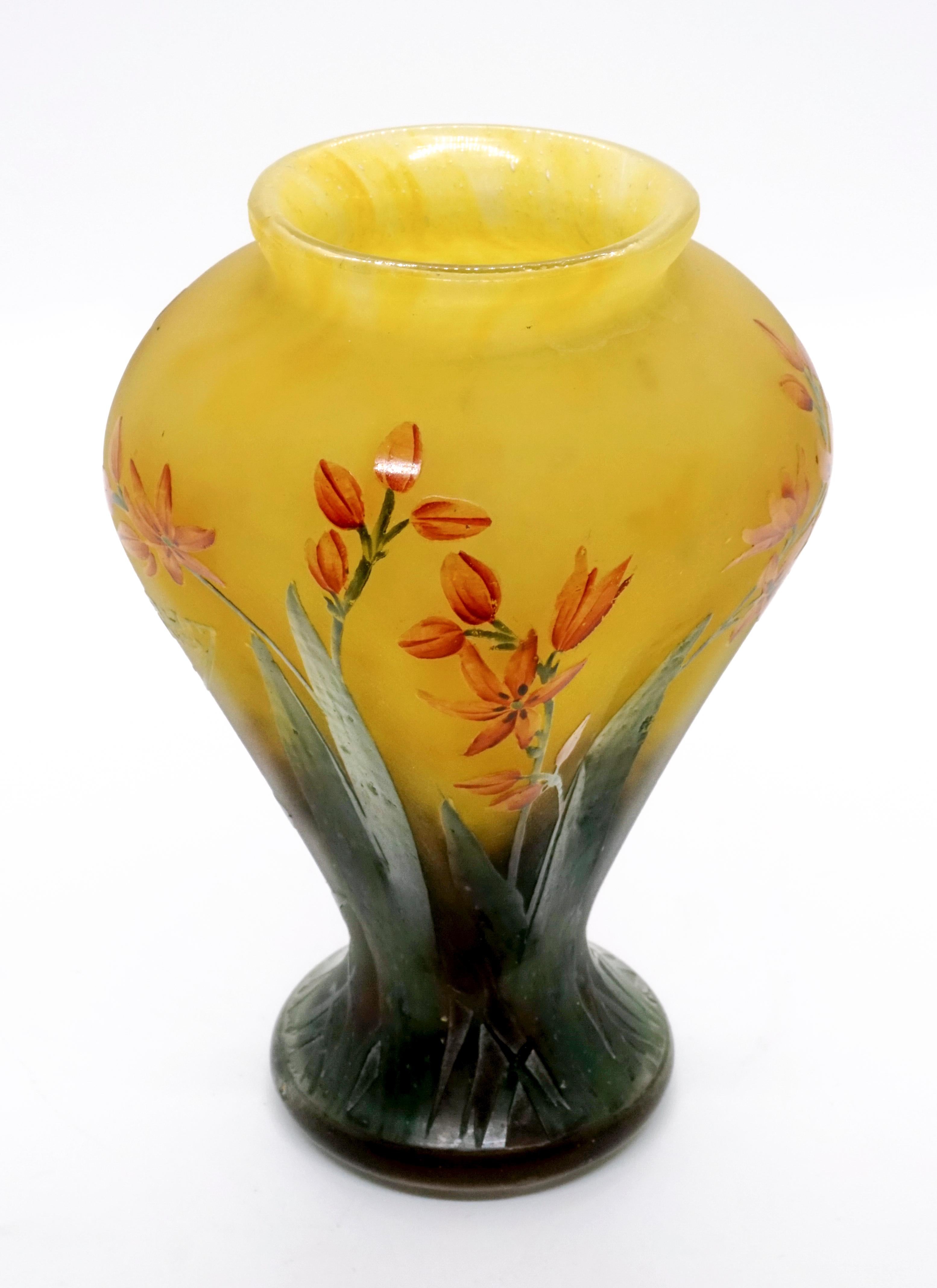 French Art Nouveau Yellow and Green Vase with Orange-Red Flowers, Daum Nancy, France