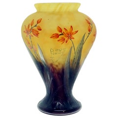 Art Nouveau Yellow and Green Vase with Orange-Red Flowers, Daum Nancy, France