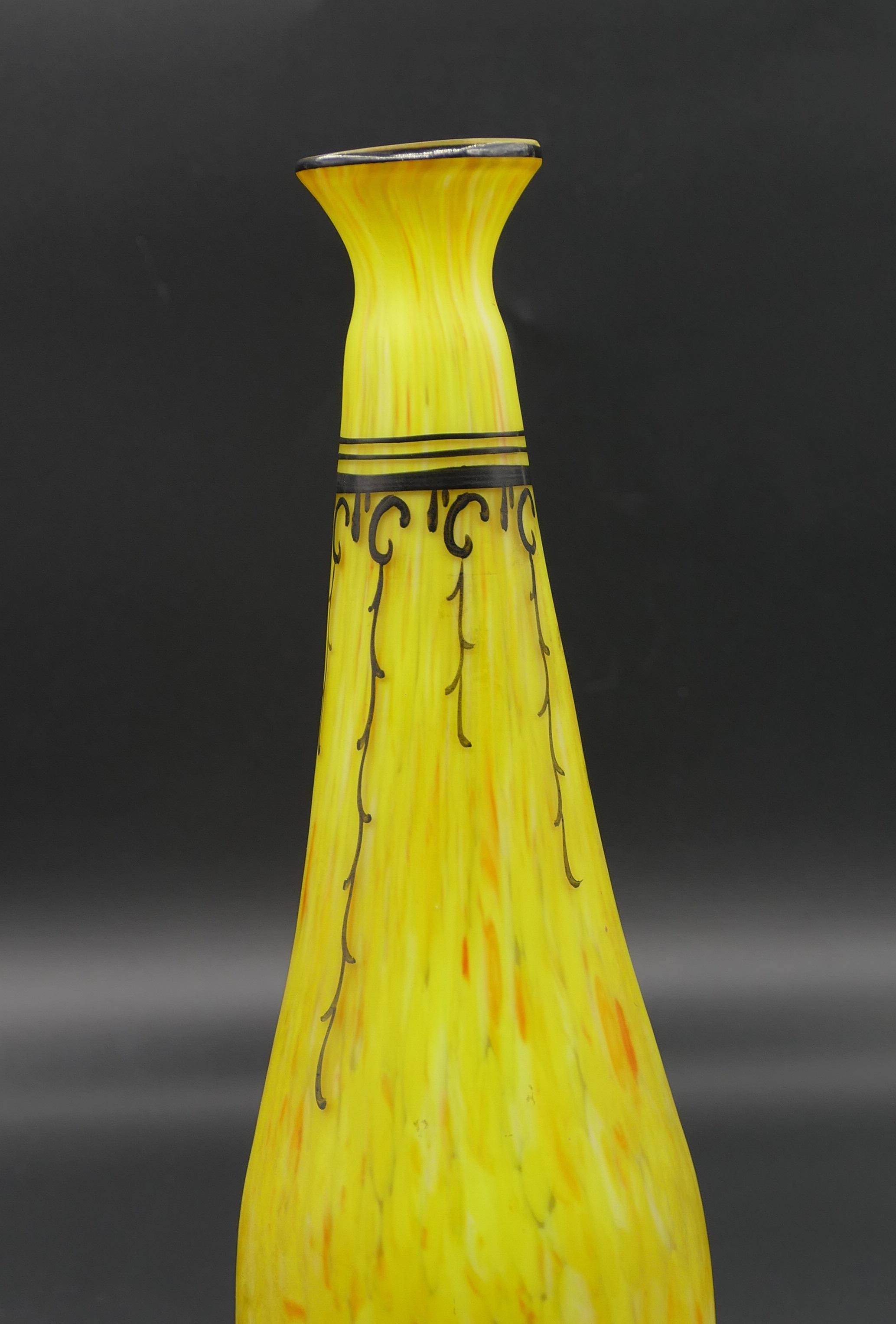 Yellow glass vase is an original decorative Art Nouveau object realized in the first decade of the 20th century. 

Made in France by Legras-Saint Denis. 

Original colorless matt glass with red melted marbling and yellow ornamental