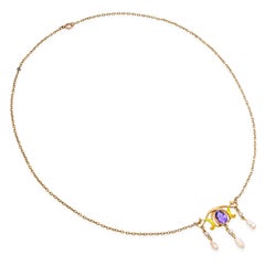 Art Nouveau Yellow Gold Amethyst, Enamel & Pearl Suffragette Drop Necklace