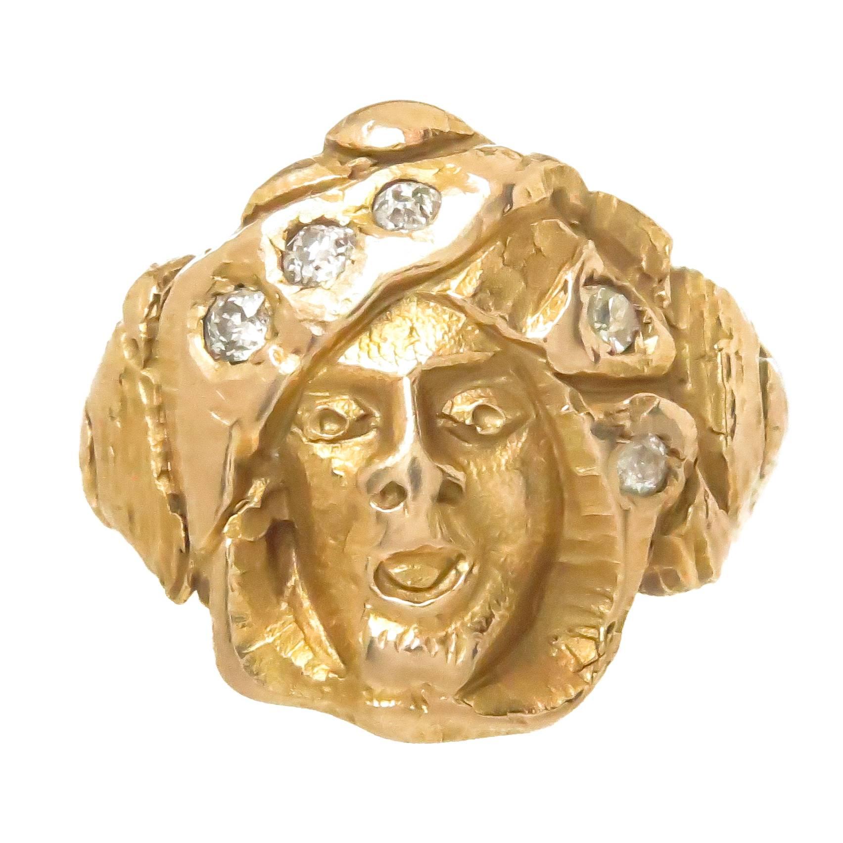 Art Nouveau Yellow Gold and Diamond Face Ring